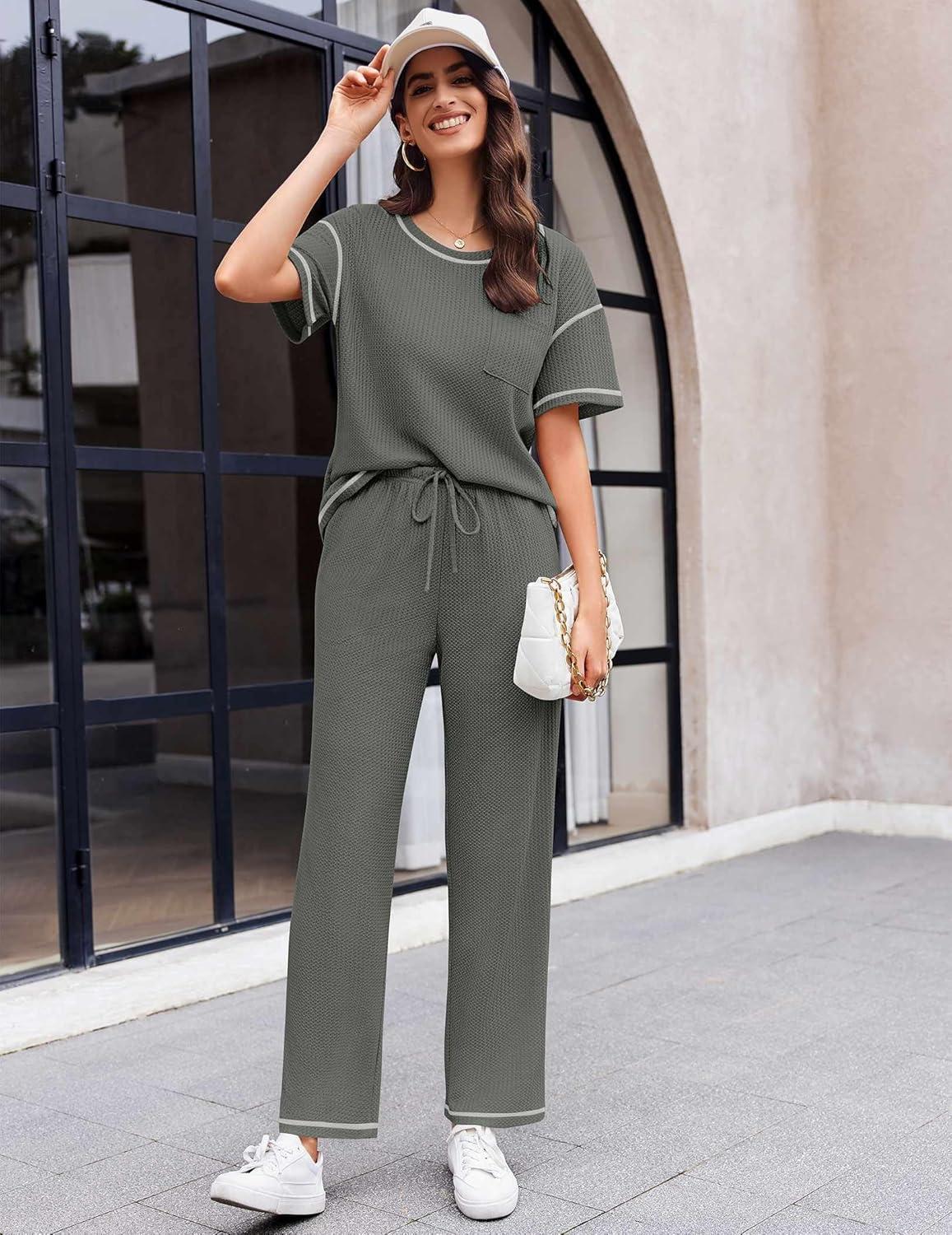 imageEkouaer Women Waffle Knit Lounge Sets Short Sleeve Top and Long Pant Pajama Set Loungewear 2 Piece Pjs Set with PocketsDark Grey