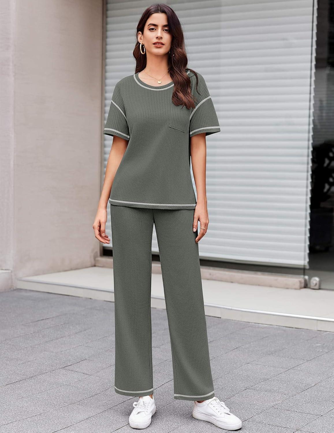 imageEkouaer Women Waffle Knit Lounge Sets Short Sleeve Top and Long Pant Pajama Set Loungewear 2 Piece Pjs Set with PocketsDark Grey