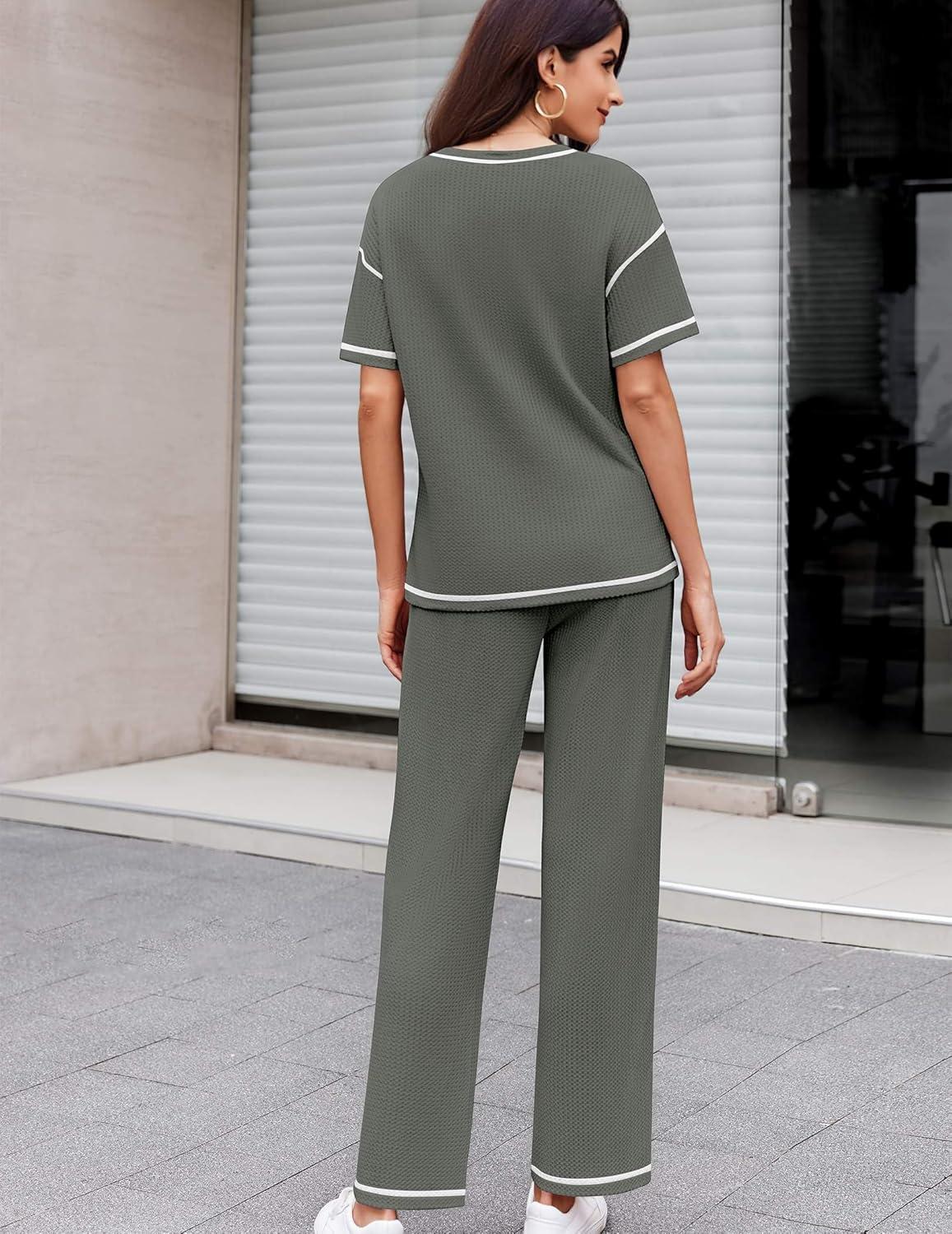 imageEkouaer Women Waffle Knit Lounge Sets Short Sleeve Top and Long Pant Pajama Set Loungewear 2 Piece Pjs Set with PocketsDark Grey