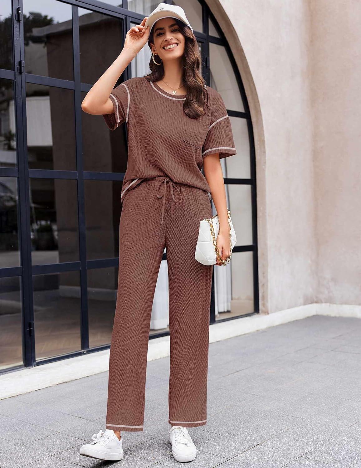 imageEkouaer Women Waffle Knit Lounge Sets Short Sleeve Top and Long Pant Pajama Set Loungewear 2 Piece Pjs Set with PocketsRed