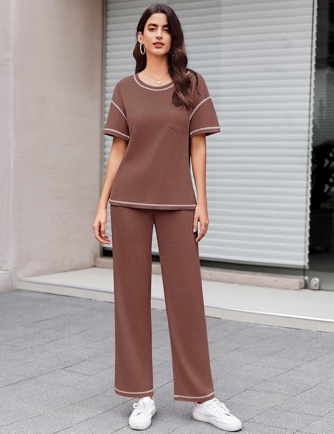 imageEkouaer Women Waffle Knit Lounge Sets Short Sleeve Top and Long Pant Pajama Set Loungewear 2 Piece Pjs Set with PocketsRed