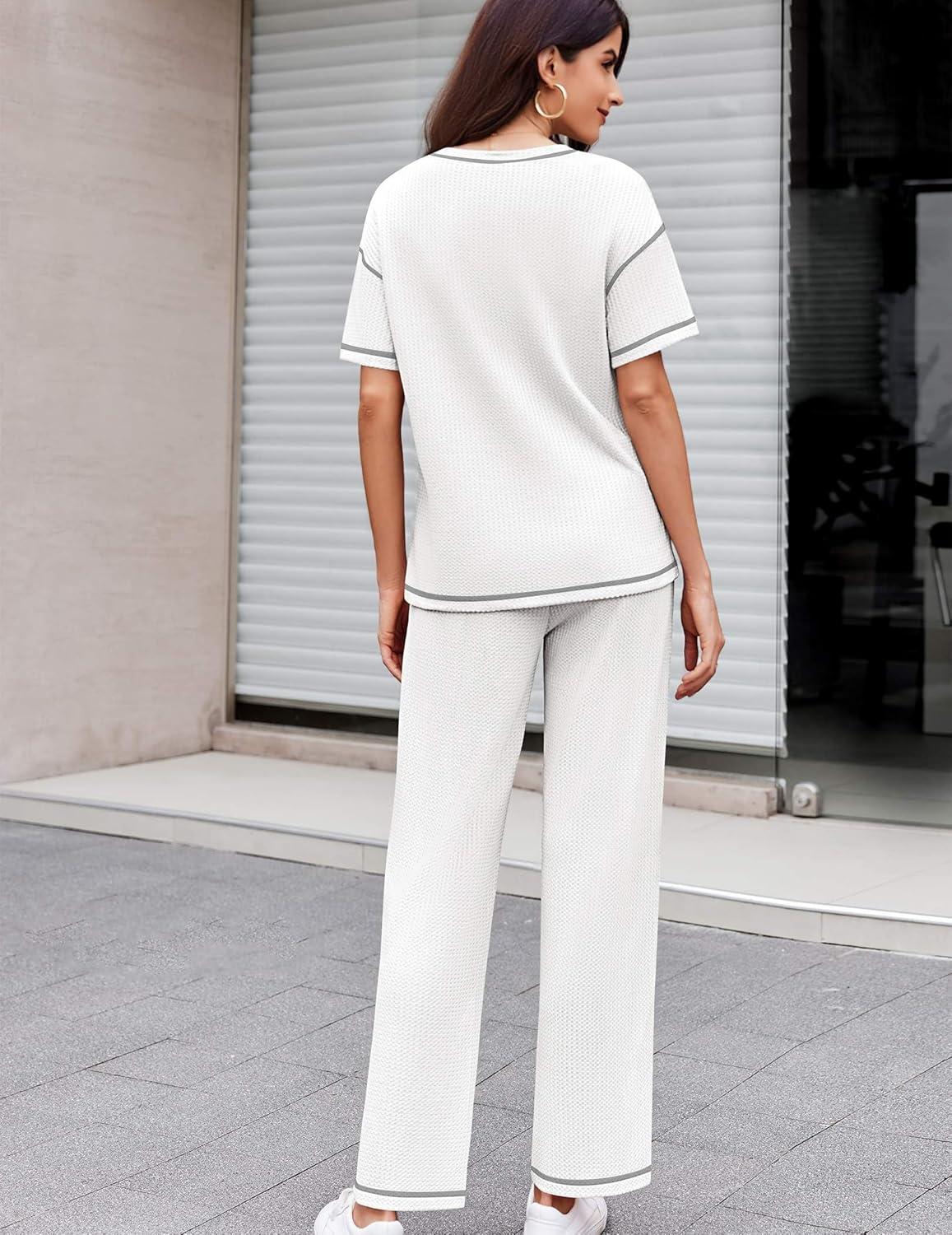 imageEkouaer Women Waffle Knit Lounge Sets Short Sleeve Top and Long Pant Pajama Set Loungewear 2 Piece Pjs Set with PocketsWhite