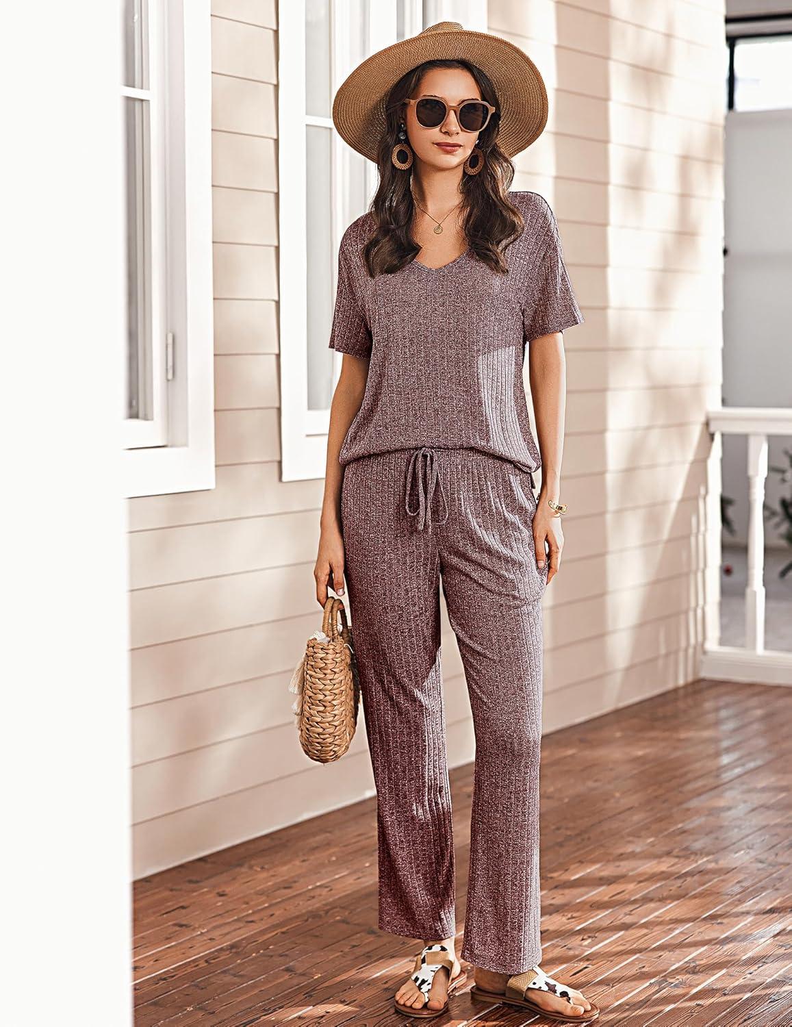 imageEkouaer Womens 2 Piece Lounge Set Casual Summer Outfits Ribbed Short Sleeve amp Wide Leg Pants Matching Set for Travel HomeWine Red