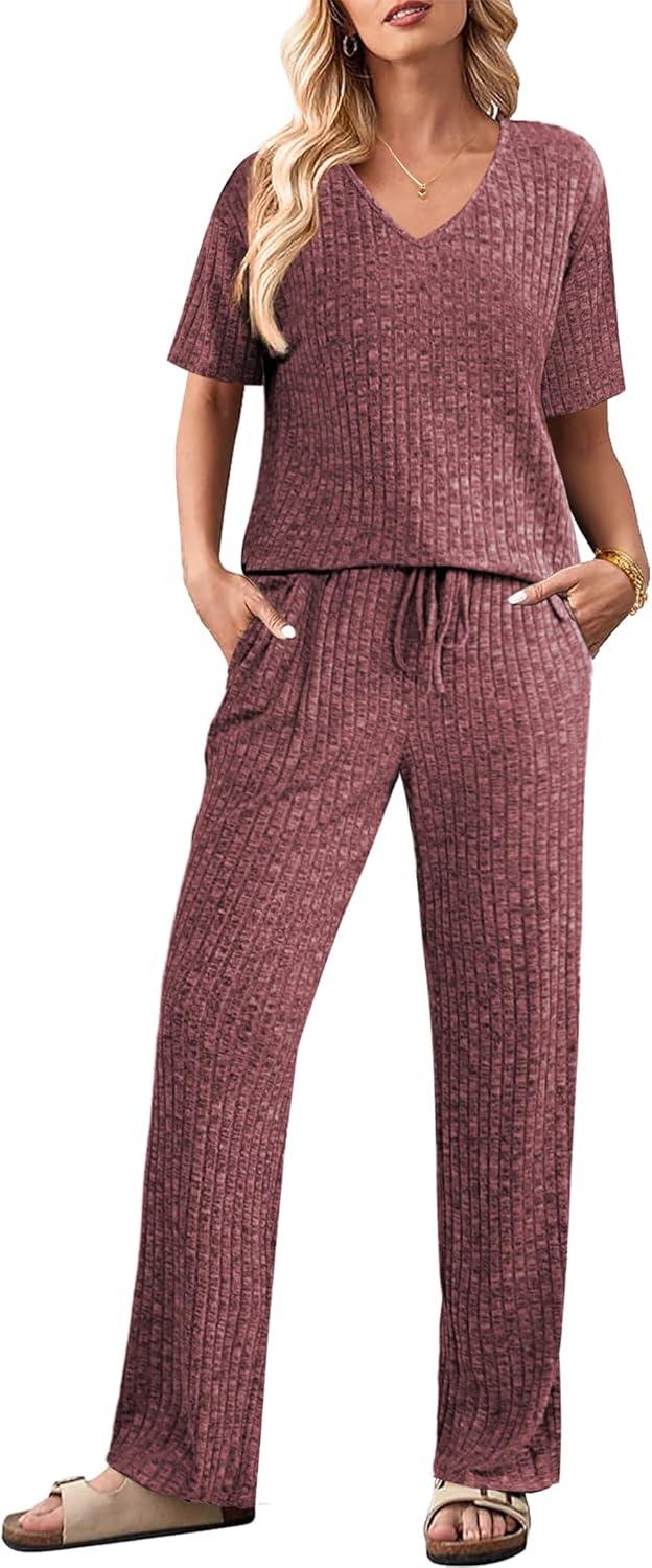 imageEkouaer Womens 2 Piece Lounge Set Casual Summer Outfits Ribbed Short Sleeve amp Wide Leg Pants Matching Set for Travel HomeWine Red