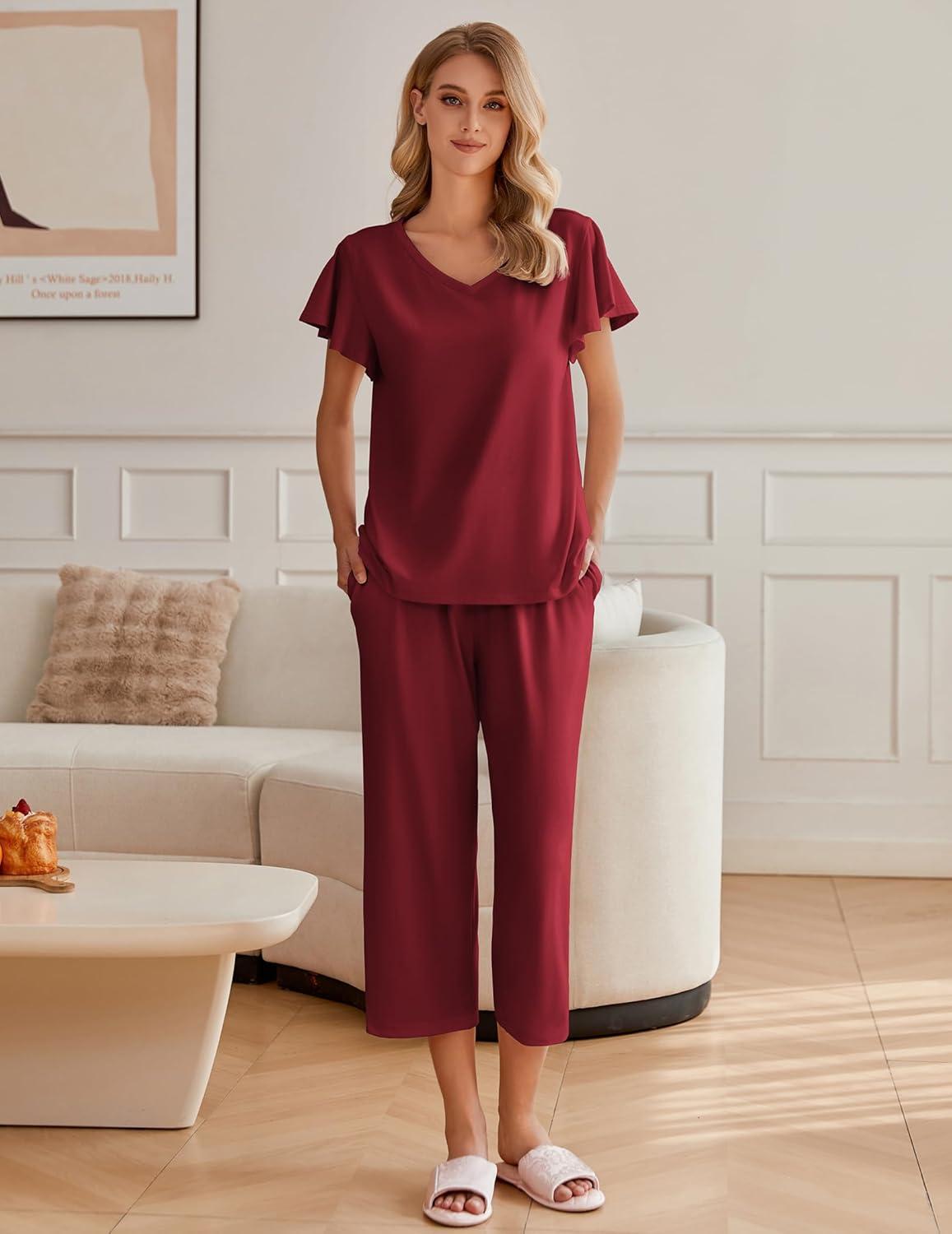 imageEkouaer Womens Cotton Pajamas Sets Short Sleeve Tops and Capri Pants Sleepwear Loungewear with PocketsBurgundy