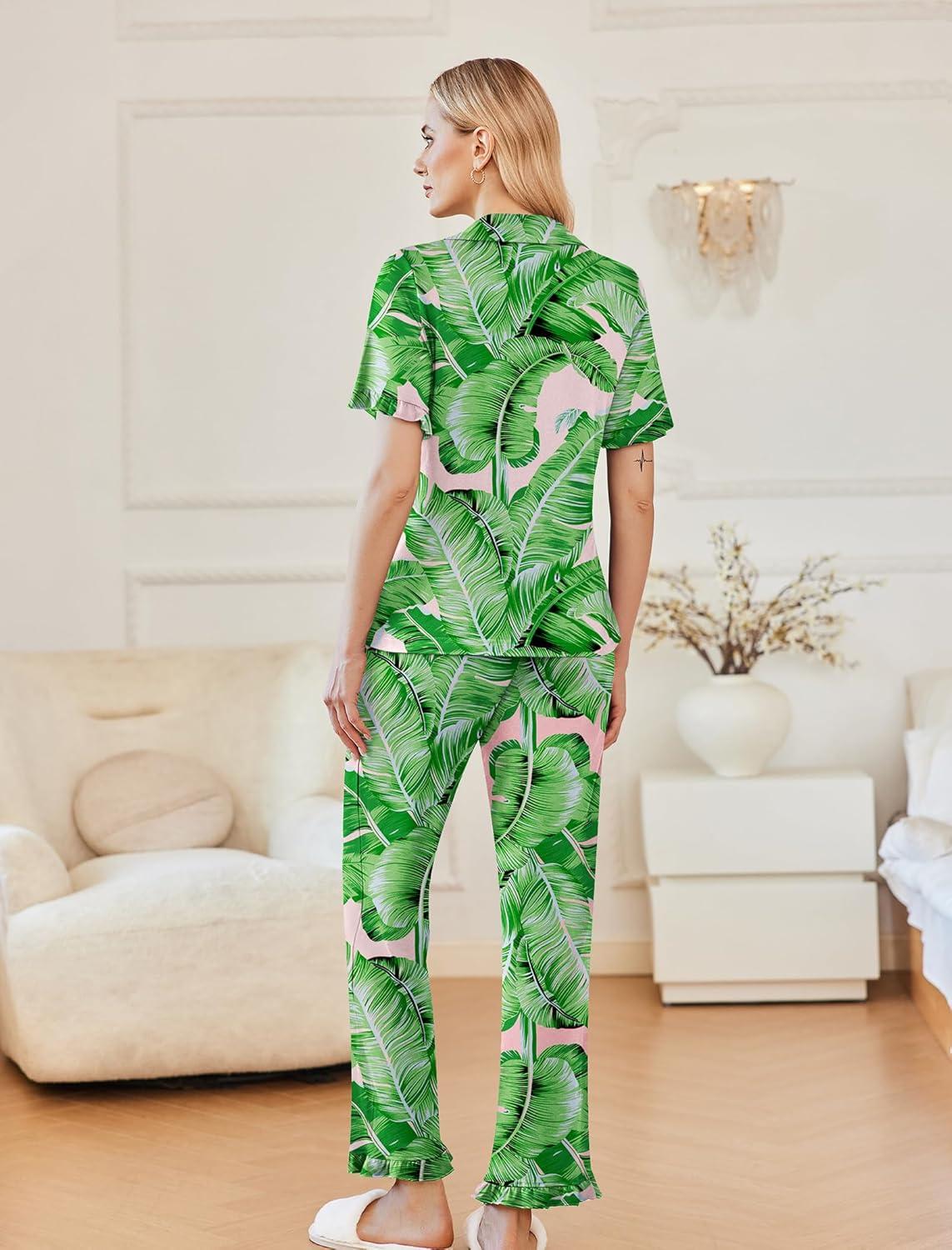 imageEkouaer Womens Pajama Sets Ruffle Button Up Pj Sets 2 Piece Short Sleeve Pants Lounge Set with PocketsGreen Palm Leaves