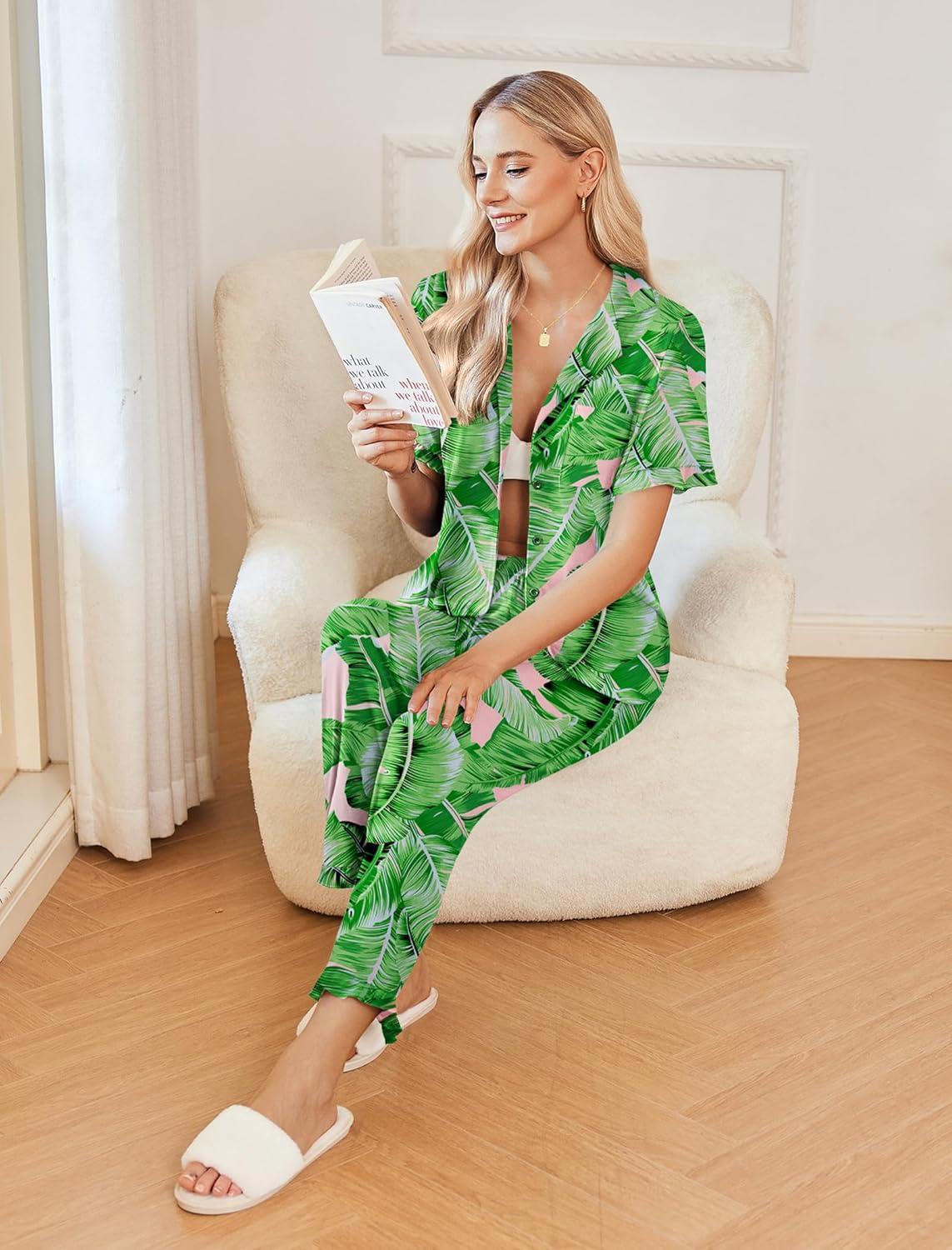 imageEkouaer Womens Pajama Sets Ruffle Button Up Pj Sets 2 Piece Short Sleeve Pants Lounge Set with PocketsGreen Palm Leaves