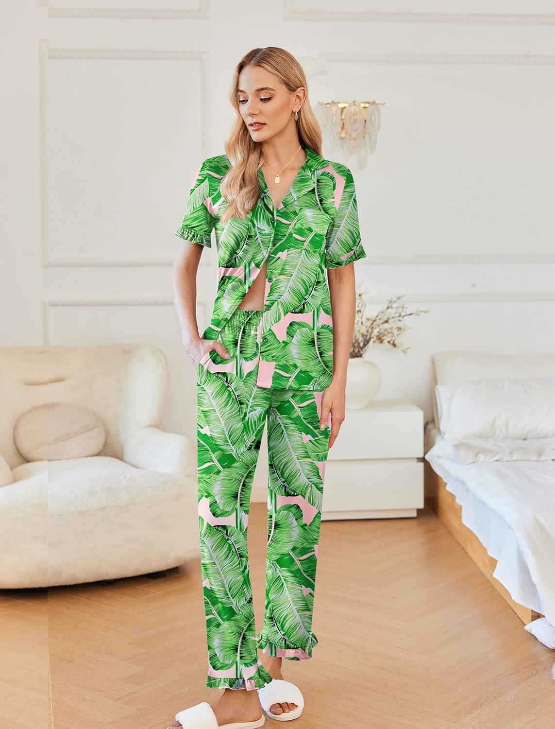 imageEkouaer Womens Pajama Sets Ruffle Button Up Pj Sets 2 Piece Short Sleeve Pants Lounge Set with PocketsGreen Palm Leaves