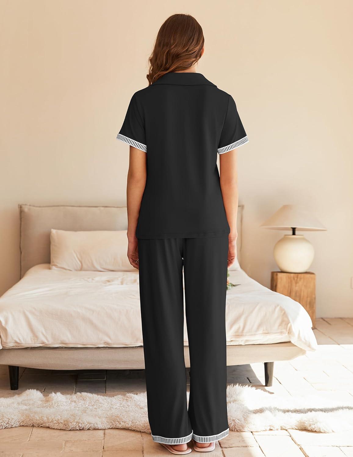 imageEkouaer Womens Pajama Sets Short Sleeve Button Up Pjs Chic Contrast Trim Long Pants with PocketsSoft Loungewear Set SXXLBlack