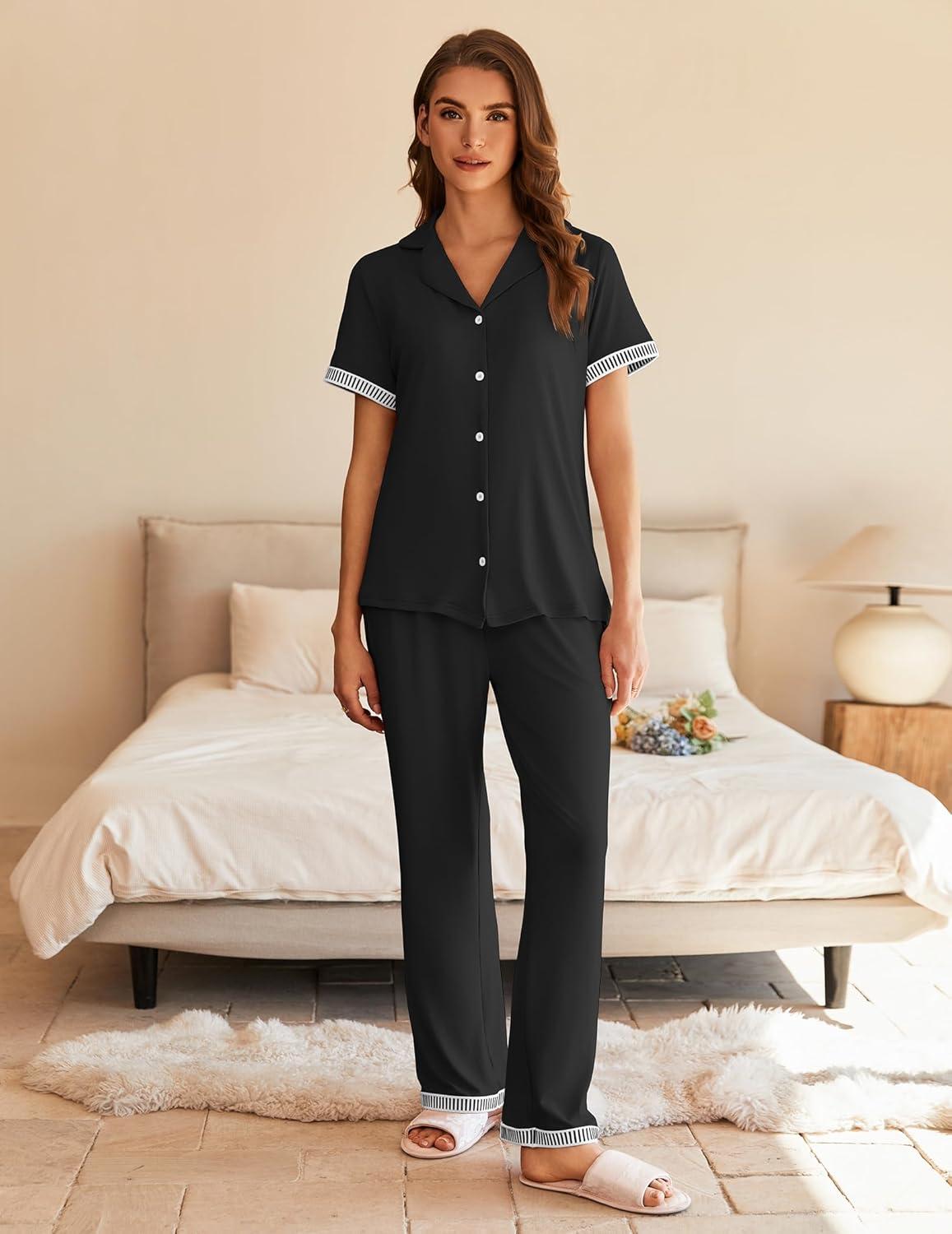 imageEkouaer Womens Pajama Sets Short Sleeve Button Up Pjs Chic Contrast Trim Long Pants with PocketsSoft Loungewear Set SXXLBlack
