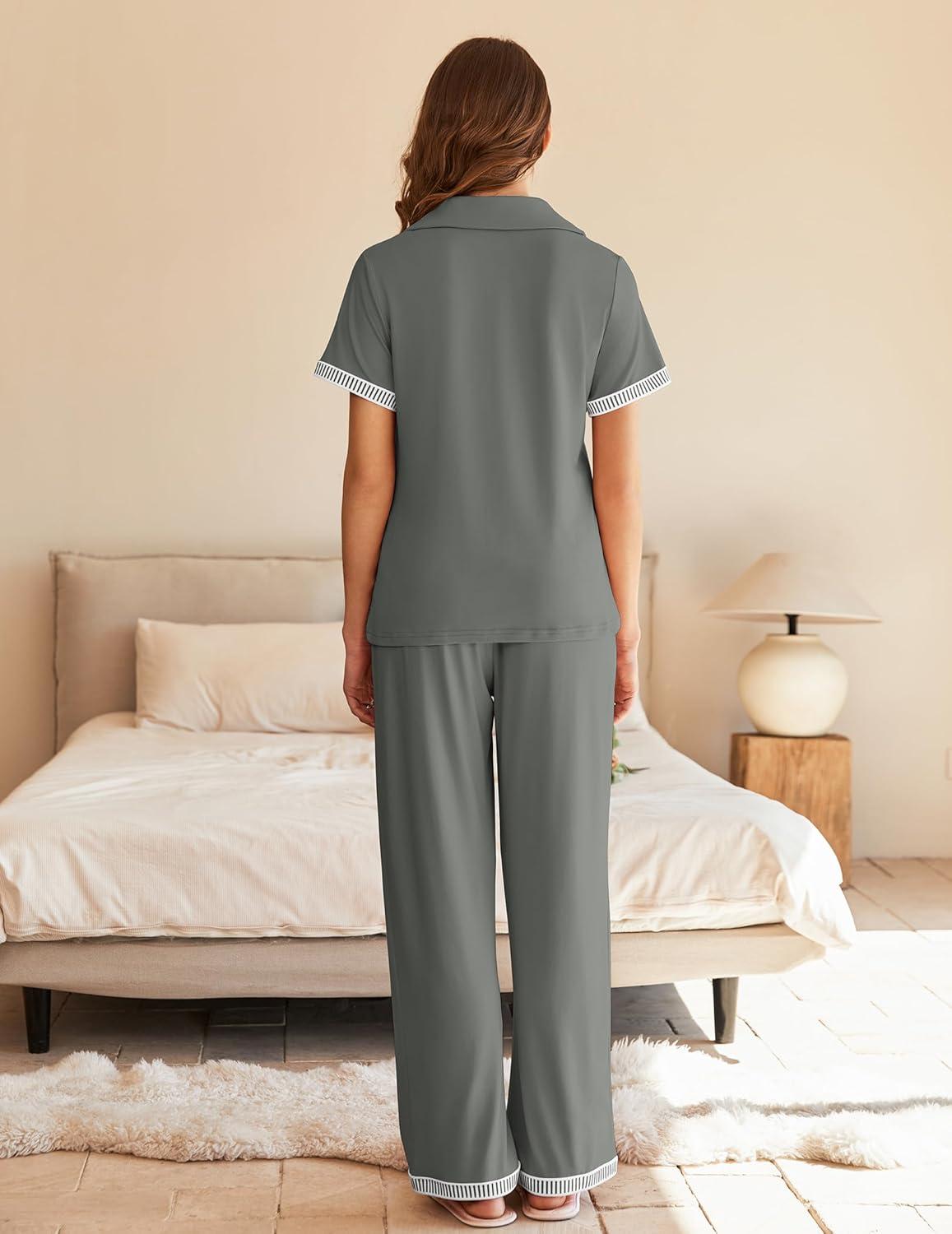 imageEkouaer Womens Pajama Sets Short Sleeve Button Up Pjs Chic Contrast Trim Long Pants with PocketsSoft Loungewear Set SXXLDark Grey
