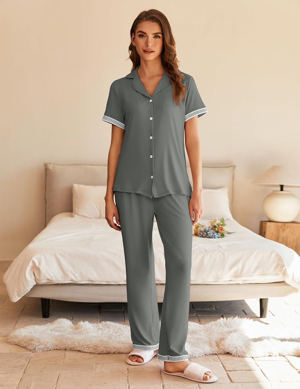 imageEkouaer Womens Pajama Sets Short Sleeve Button Up Pjs Chic Contrast Trim Long Pants with PocketsSoft Loungewear Set SXXLDark Grey