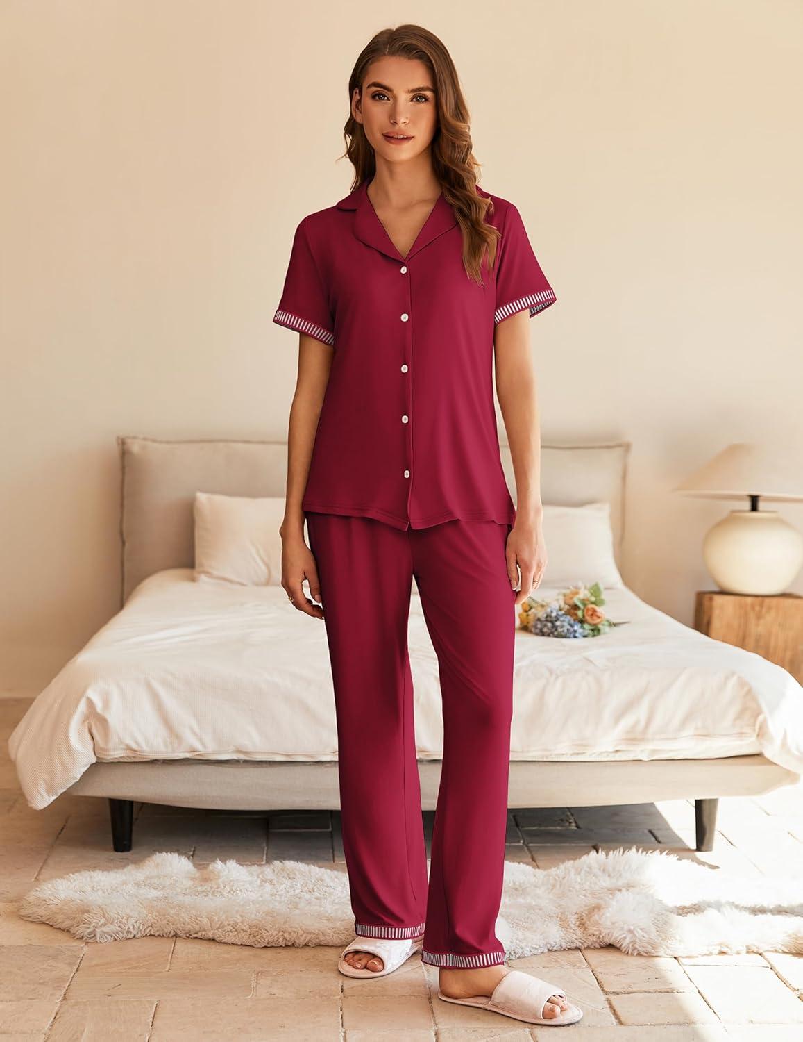 imageEkouaer Womens Pajama Sets Short Sleeve Button Up Pjs Chic Contrast Trim Long Pants with PocketsSoft Loungewear Set SXXLDark Red