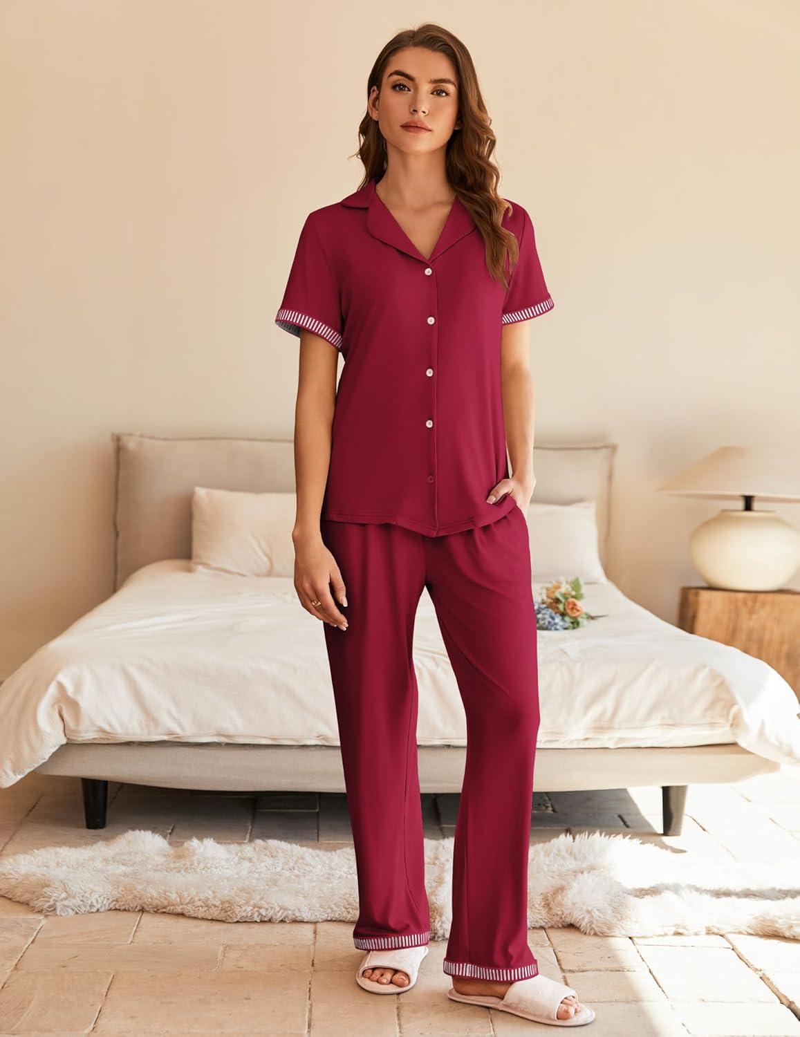 imageEkouaer Womens Pajama Sets Short Sleeve Button Up Pjs Chic Contrast Trim Long Pants with PocketsSoft Loungewear Set SXXLDark Red