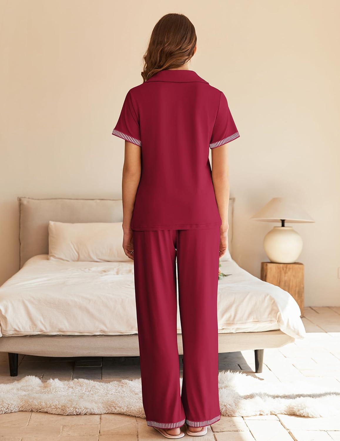 imageEkouaer Womens Pajama Sets Short Sleeve Button Up Pjs Chic Contrast Trim Long Pants with PocketsSoft Loungewear Set SXXLDark Red