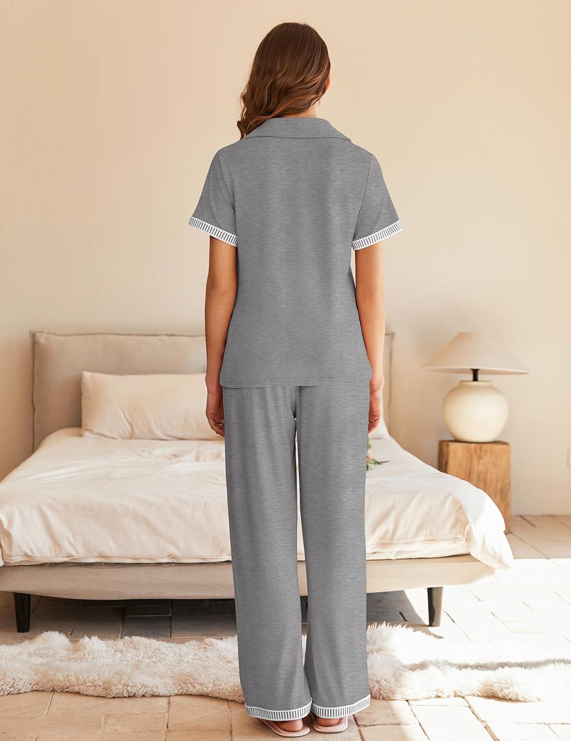 imageEkouaer Womens Pajama Sets Short Sleeve Button Up Pjs Chic Contrast Trim Long Pants with PocketsSoft Loungewear Set SXXLLight Gray