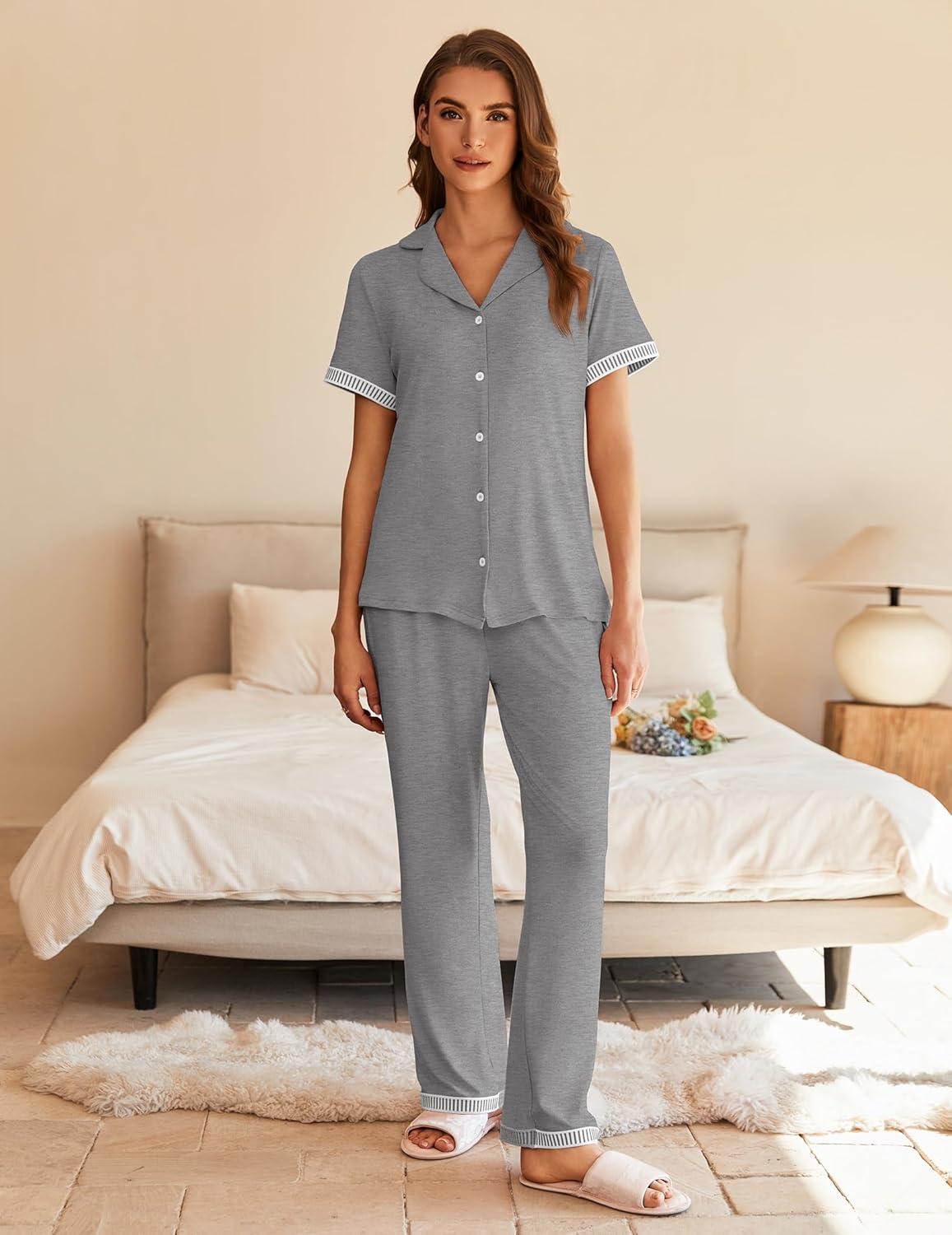 imageEkouaer Womens Pajama Sets Short Sleeve Button Up Pjs Chic Contrast Trim Long Pants with PocketsSoft Loungewear Set SXXLLight Gray