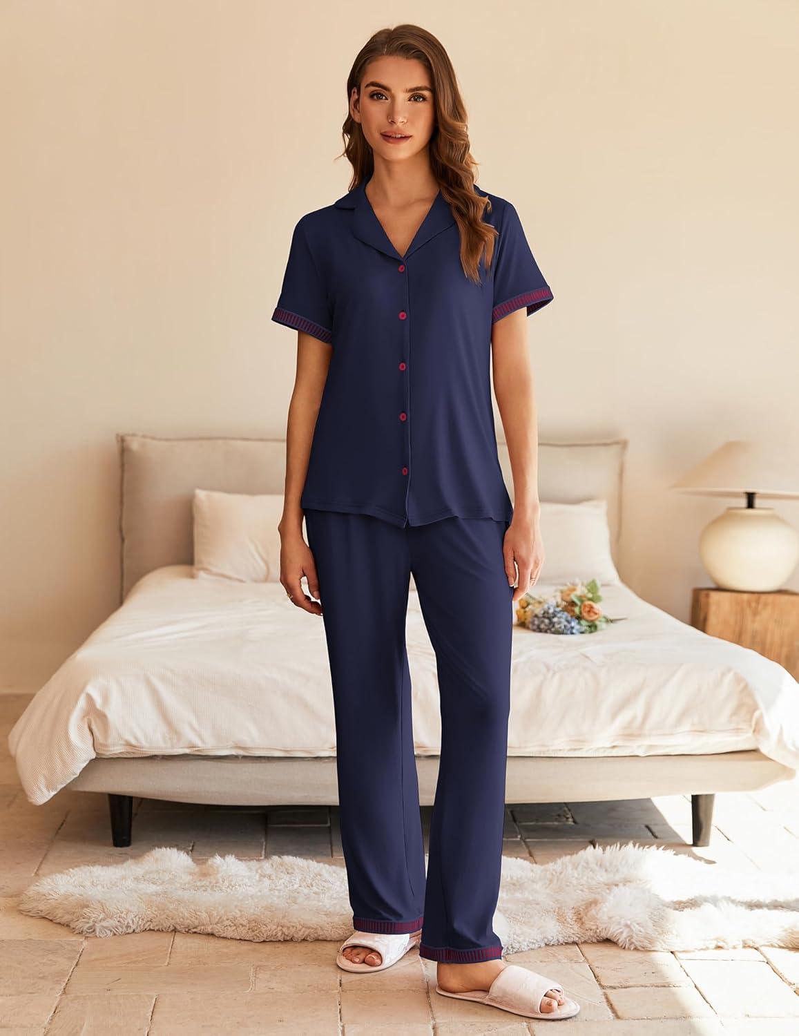 imageEkouaer Womens Pajama Sets Short Sleeve Button Up Pjs Chic Contrast Trim Long Pants with PocketsSoft Loungewear Set SXXLNavy Blue