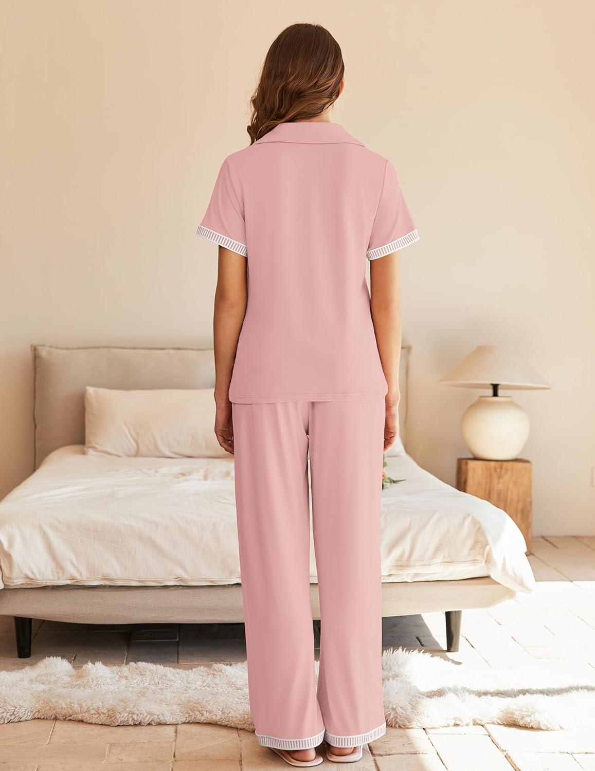 imageEkouaer Womens Pajama Sets Short Sleeve Button Up Pjs Chic Contrast Trim Long Pants with PocketsSoft Loungewear Set SXXLPink
