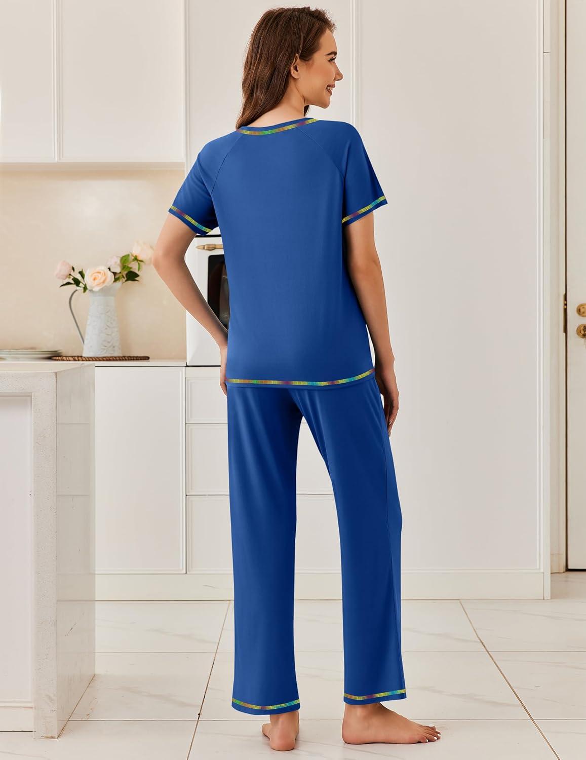 imageEkouaer Womens Pajama Sets Short Sleeve Pj Sets with Long Pants 2 Piece Lounge Sets Soft Summer Sleepwear SXXLSky Blue