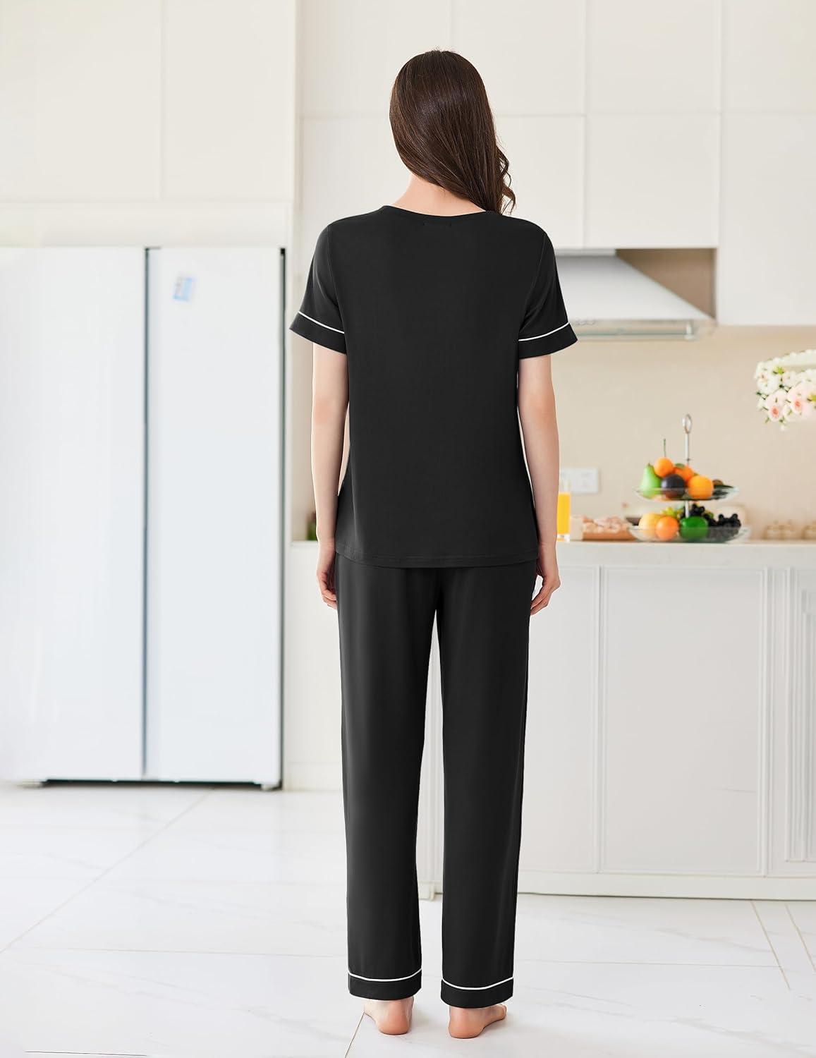 imageEkouaer Womens Pajama Sets Short Sleeve Top and Pants 2 Piece Pjs Soft Sleepwear Comfy Lounge Set SXXLBlack