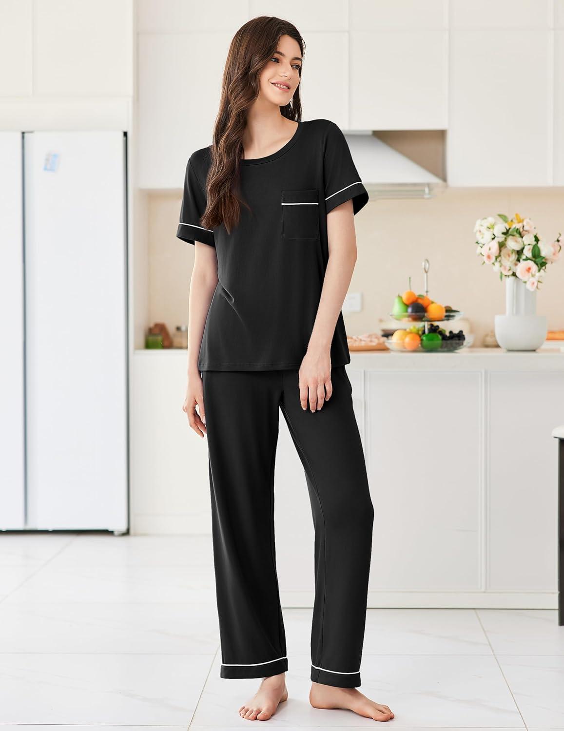 imageEkouaer Womens Pajama Sets Short Sleeve Top and Pants 2 Piece Pjs Soft Sleepwear Comfy Lounge Set SXXLBlack