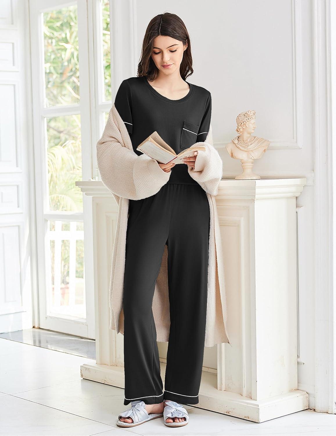 imageEkouaer Womens Pajama Sets Short Sleeve Top and Pants 2 Piece Pjs Soft Sleepwear Comfy Lounge Set SXXLBlack