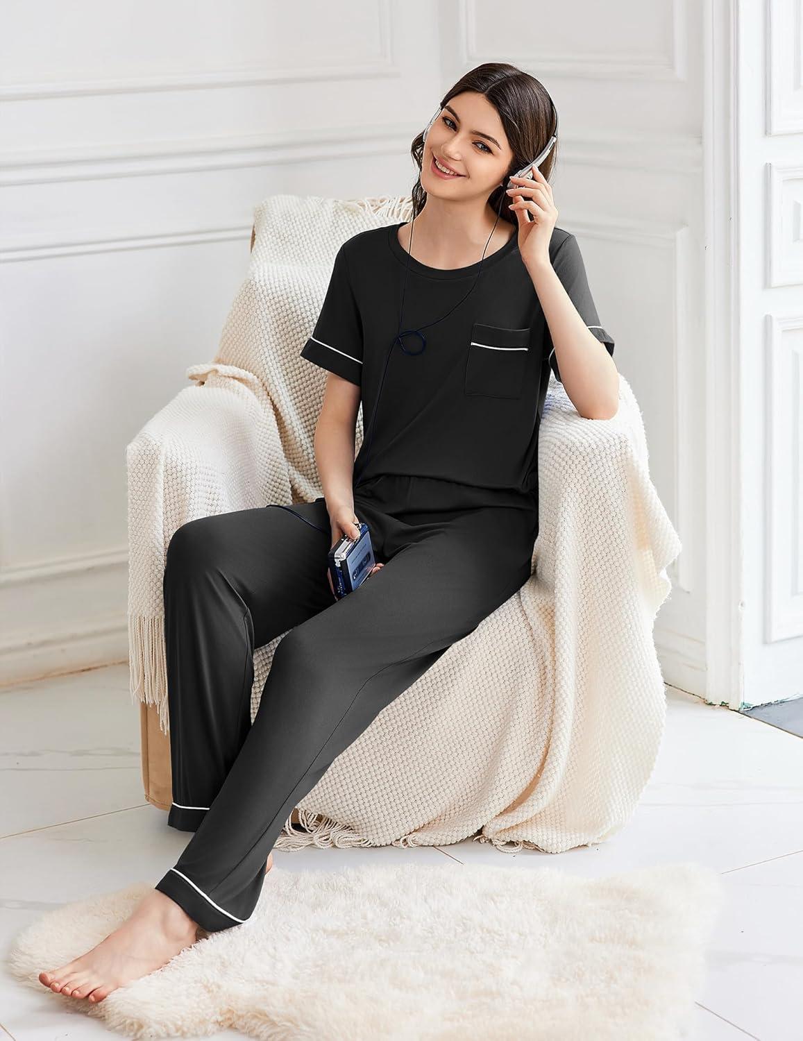 imageEkouaer Womens Pajama Sets Short Sleeve Top and Pants 2 Piece Pjs Soft Sleepwear Comfy Lounge Set SXXLBlack