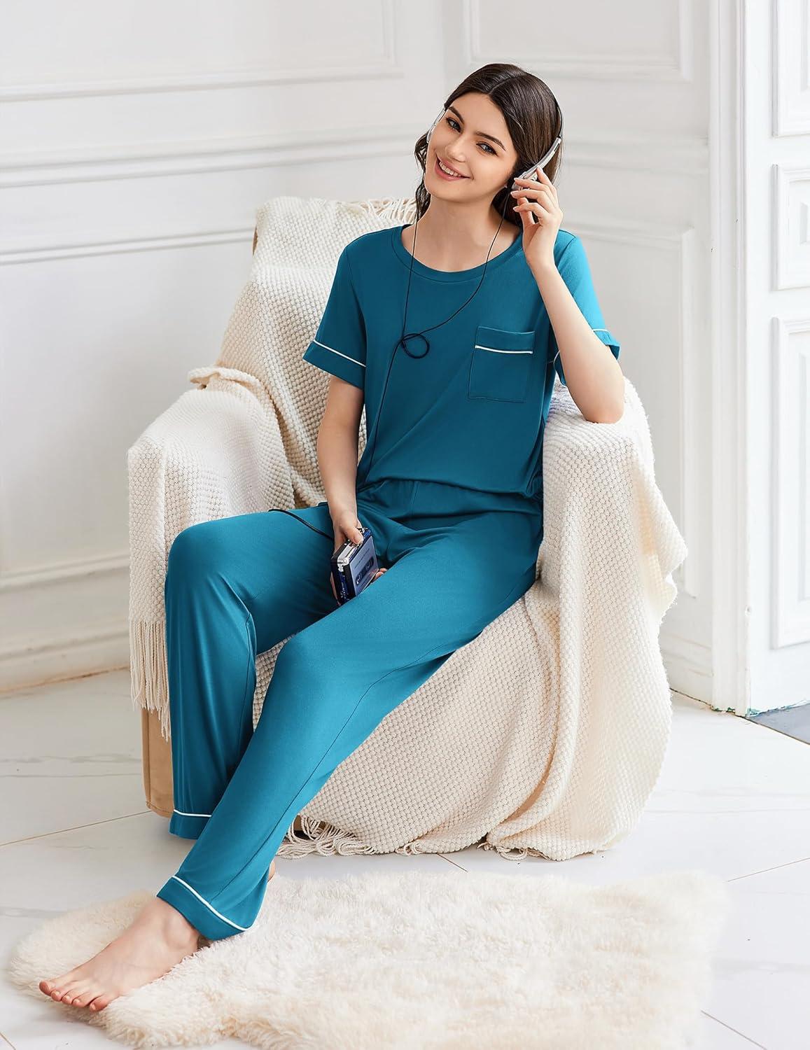 imageEkouaer Womens Pajama Sets Short Sleeve Top and Pants 2 Piece Pjs Soft Sleepwear Comfy Lounge Set SXXLBlue Green