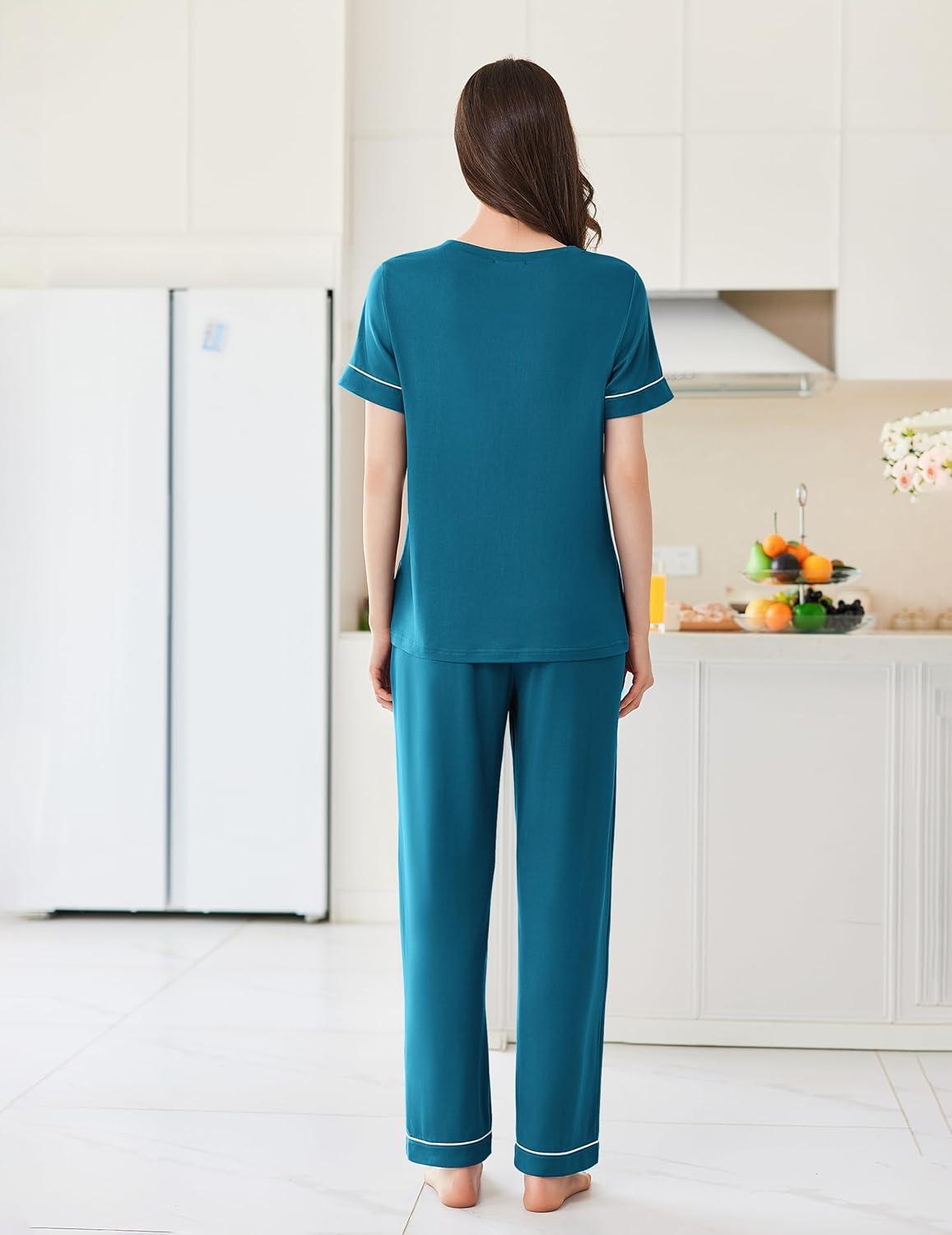 imageEkouaer Womens Pajama Sets Short Sleeve Top and Pants 2 Piece Pjs Soft Sleepwear Comfy Lounge Set SXXLBlue Green
