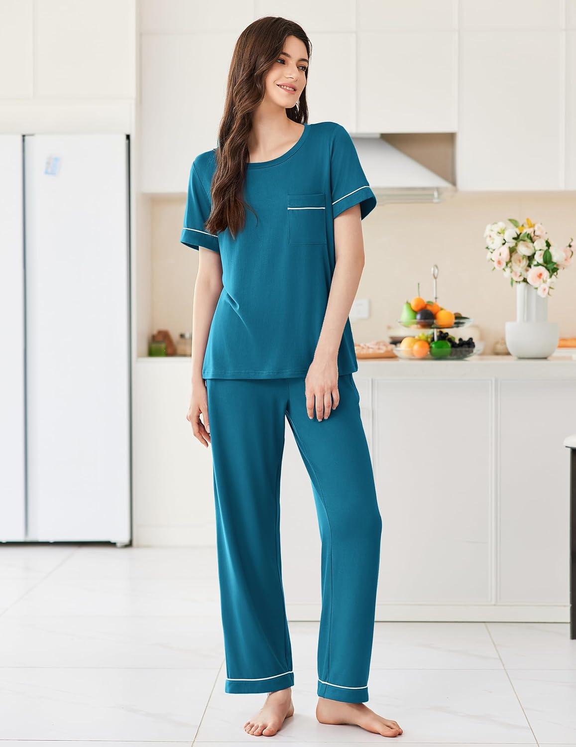 imageEkouaer Womens Pajama Sets Short Sleeve Top and Pants 2 Piece Pjs Soft Sleepwear Comfy Lounge Set SXXLBlue Green