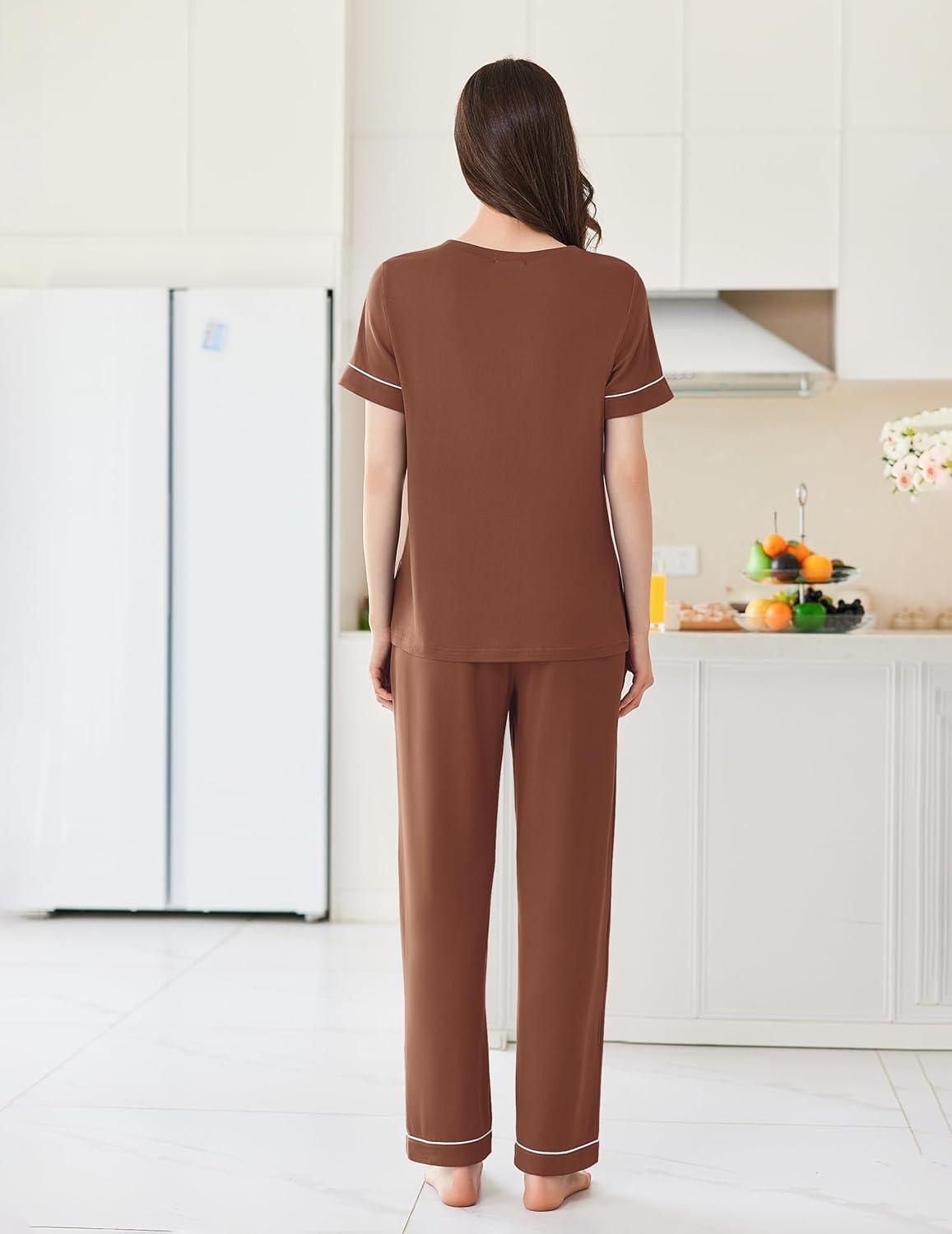 imageEkouaer Womens Pajama Sets Short Sleeve Top and Pants 2 Piece Pjs Soft Sleepwear Comfy Lounge Set SXXLBrown