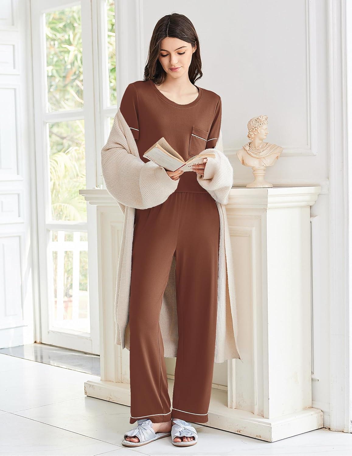 imageEkouaer Womens Pajama Sets Short Sleeve Top and Pants 2 Piece Pjs Soft Sleepwear Comfy Lounge Set SXXLBrown