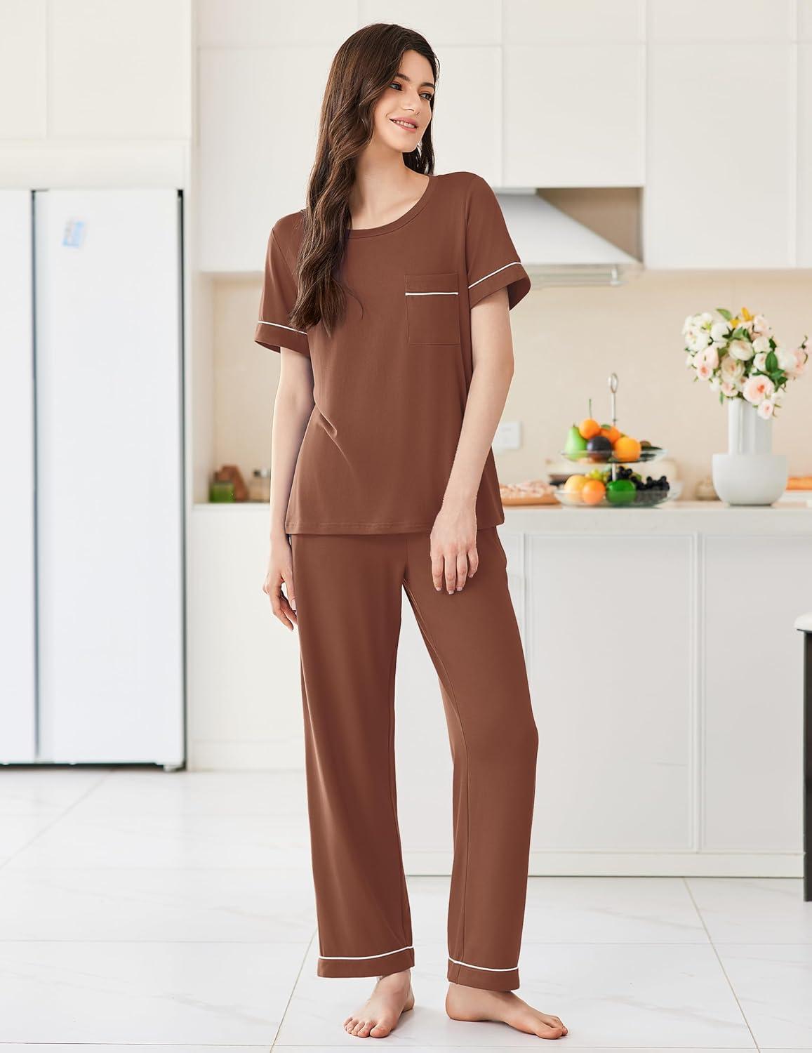 imageEkouaer Womens Pajama Sets Short Sleeve Top and Pants 2 Piece Pjs Soft Sleepwear Comfy Lounge Set SXXLBrown