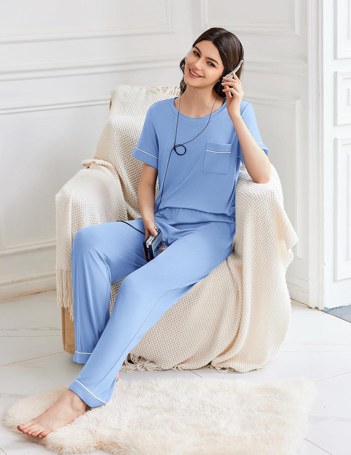 imageEkouaer Womens Pajama Sets Short Sleeve Top and Pants 2 Piece Pjs Soft Sleepwear Comfy Lounge Set SXXLClear Blue