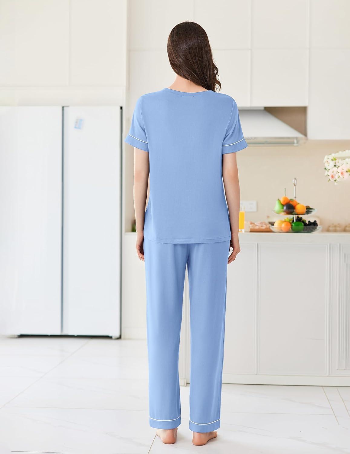 imageEkouaer Womens Pajama Sets Short Sleeve Top and Pants 2 Piece Pjs Soft Sleepwear Comfy Lounge Set SXXLClear Blue