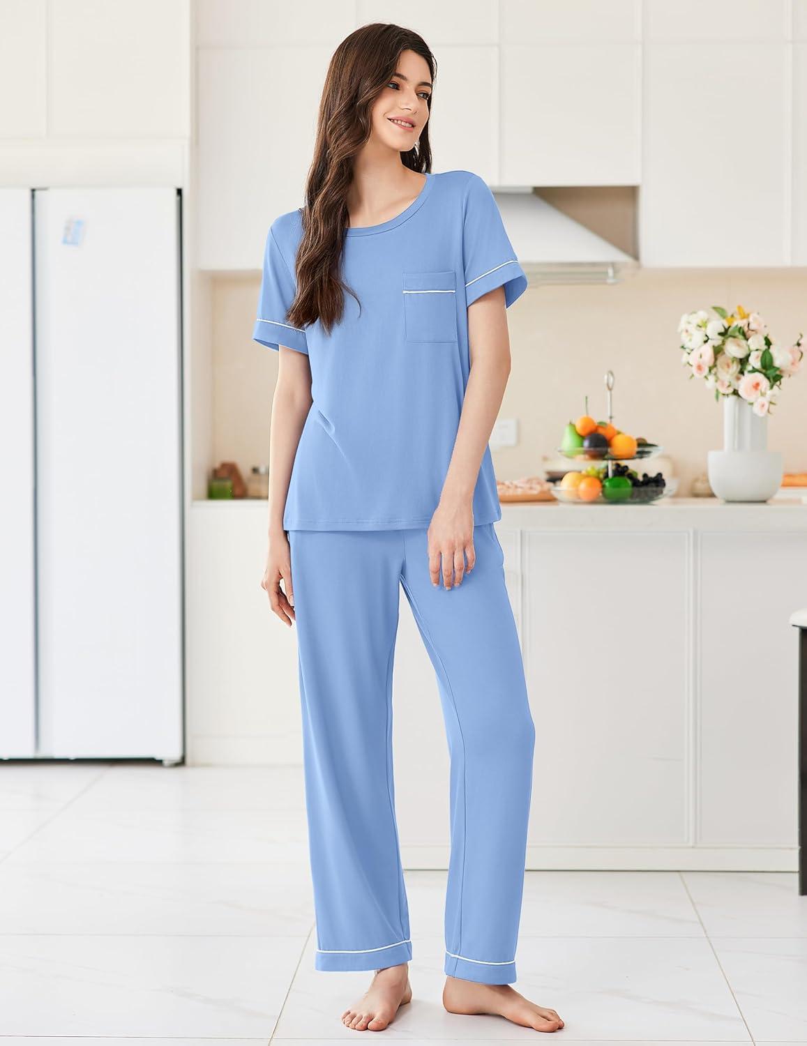 imageEkouaer Womens Pajama Sets Short Sleeve Top and Pants 2 Piece Pjs Soft Sleepwear Comfy Lounge Set SXXLClear Blue