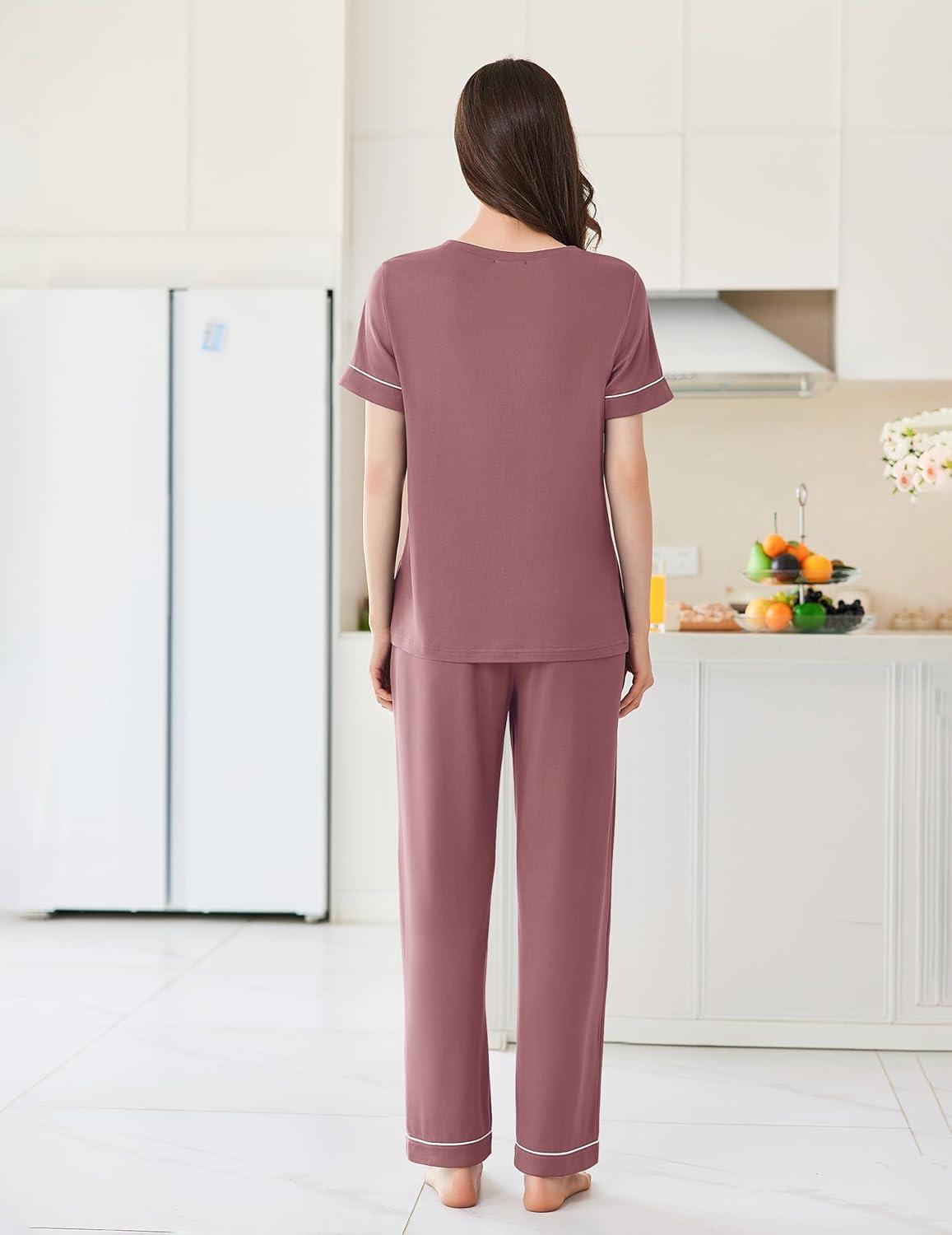 imageEkouaer Womens Pajama Sets Short Sleeve Top and Pants 2 Piece Pjs Soft Sleepwear Comfy Lounge Set SXXLDark Pink