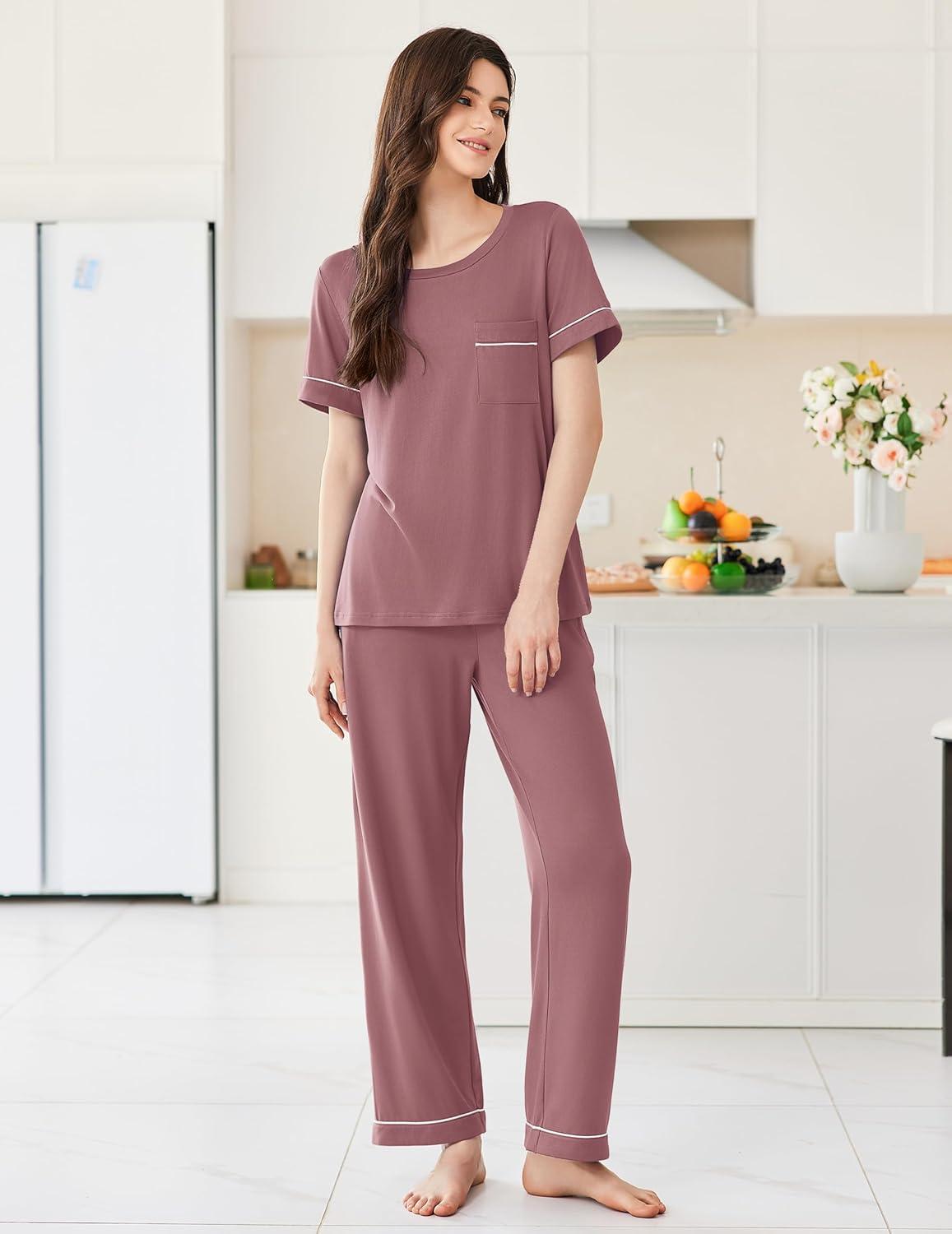 imageEkouaer Womens Pajama Sets Short Sleeve Top and Pants 2 Piece Pjs Soft Sleepwear Comfy Lounge Set SXXLDark Pink