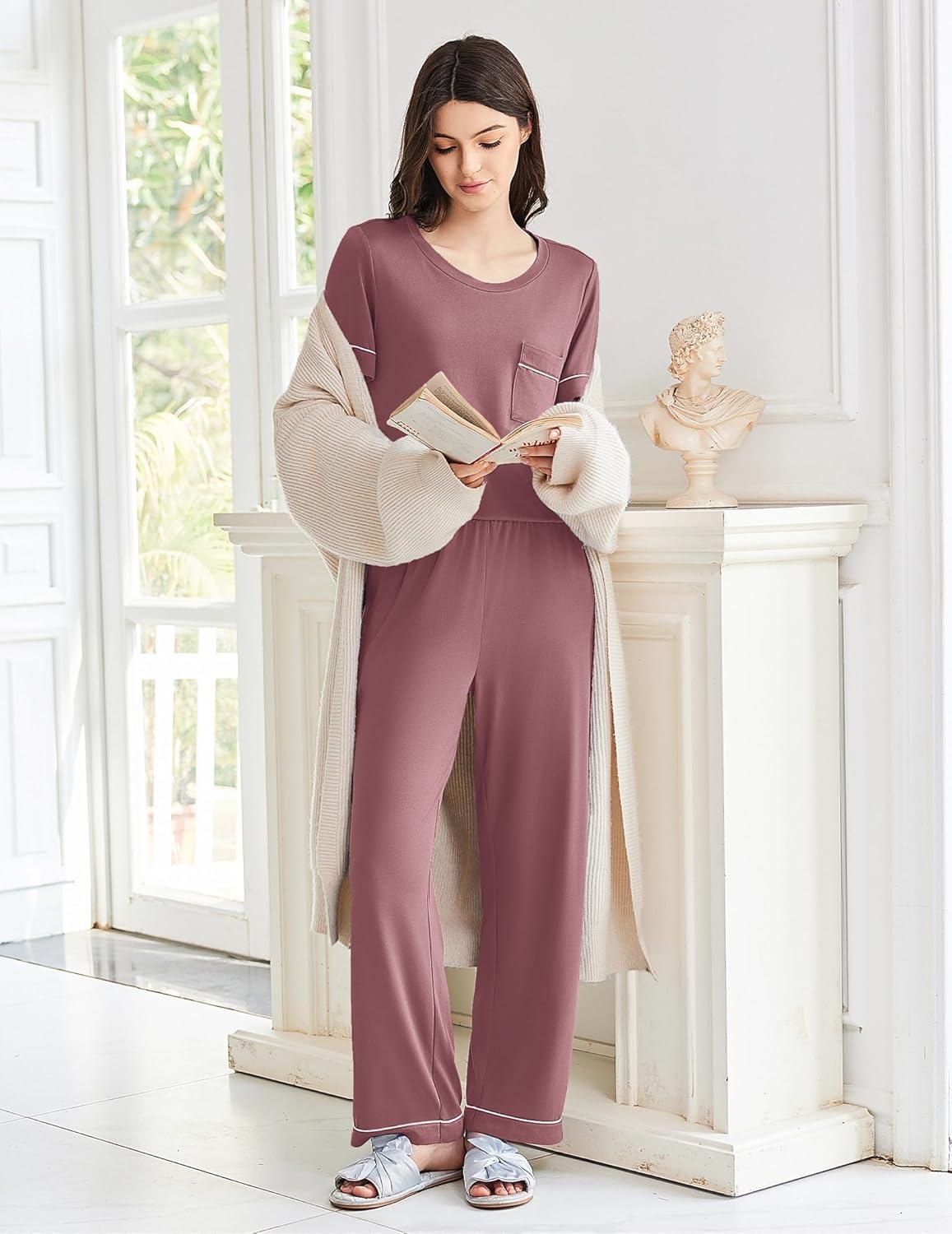 imageEkouaer Womens Pajama Sets Short Sleeve Top and Pants 2 Piece Pjs Soft Sleepwear Comfy Lounge Set SXXLDark Pink