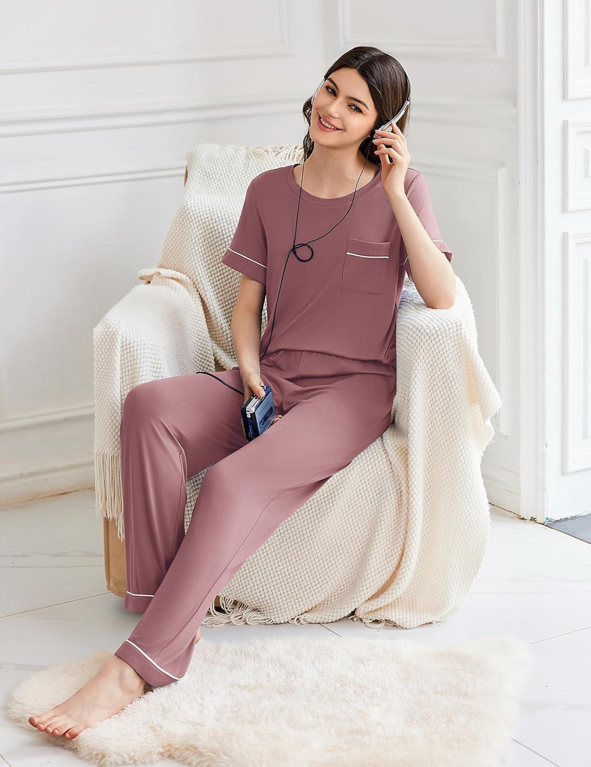 imageEkouaer Womens Pajama Sets Short Sleeve Top and Pants 2 Piece Pjs Soft Sleepwear Comfy Lounge Set SXXLDark Pink
