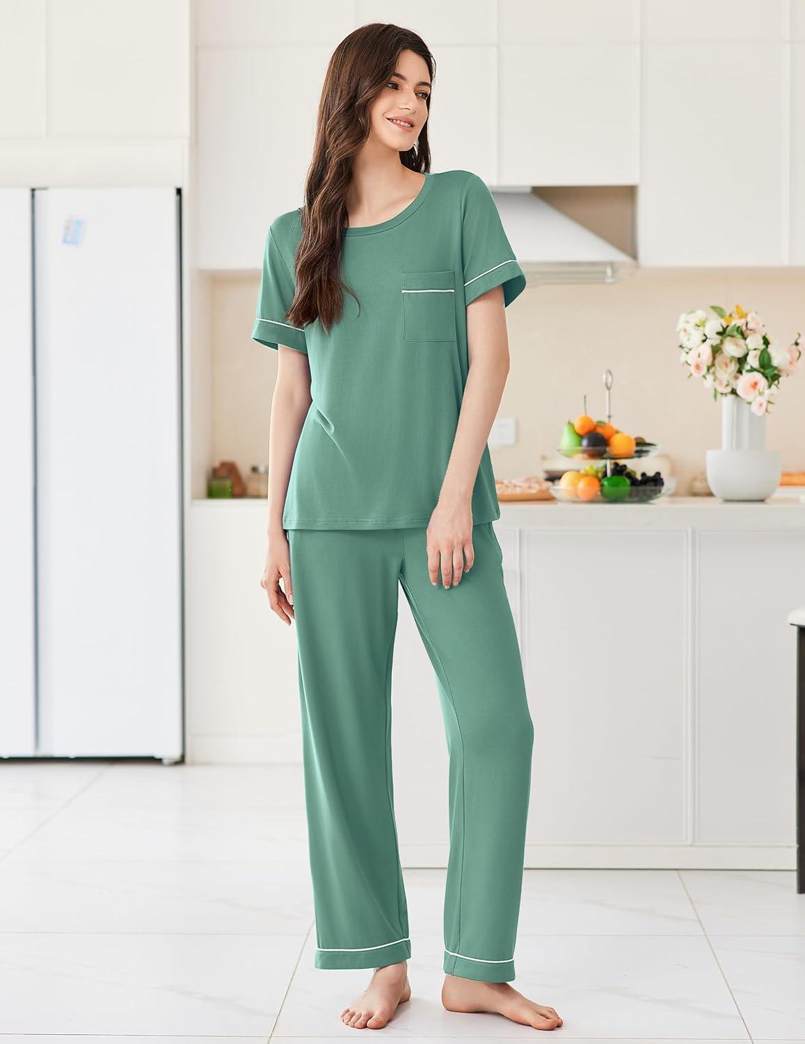 imageEkouaer Womens Pajama Sets Short Sleeve Top and Pants 2 Piece Pjs Soft Sleepwear Comfy Lounge Set SXXLGreen