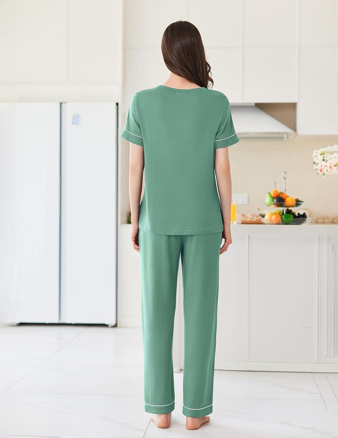 imageEkouaer Womens Pajama Sets Short Sleeve Top and Pants 2 Piece Pjs Soft Sleepwear Comfy Lounge Set SXXLGreen
