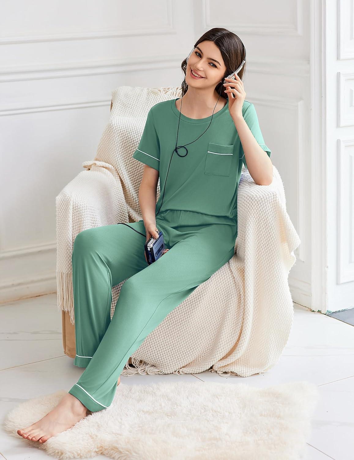imageEkouaer Womens Pajama Sets Short Sleeve Top and Pants 2 Piece Pjs Soft Sleepwear Comfy Lounge Set SXXLGreen