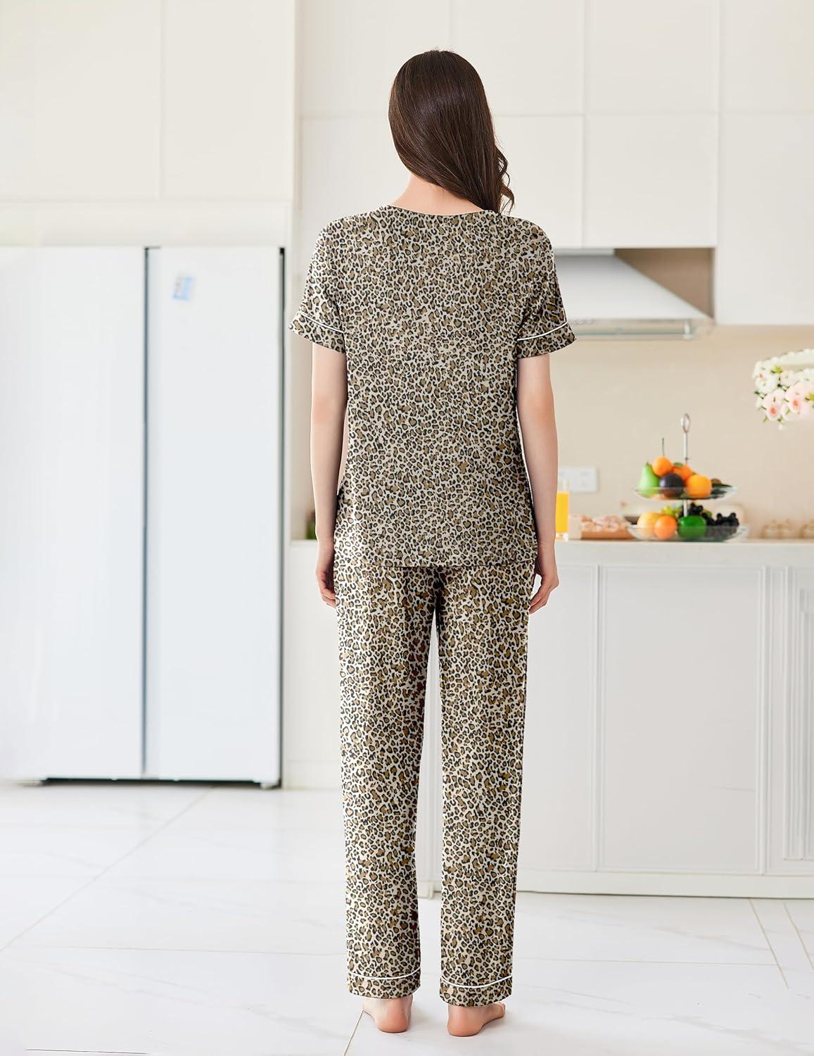 imageEkouaer Womens Pajama Sets Short Sleeve Top and Pants 2 Piece Pjs Soft Sleepwear Comfy Lounge Set SXXLLeopard