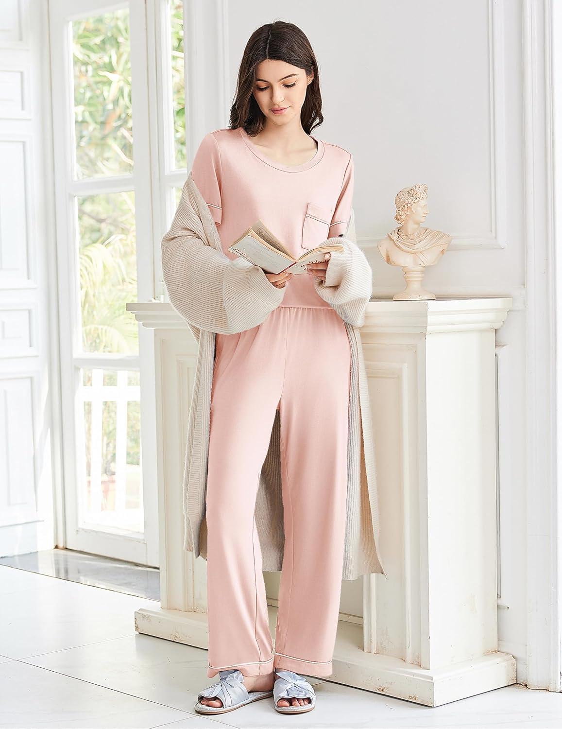 imageEkouaer Womens Pajama Sets Short Sleeve Top and Pants 2 Piece Pjs Soft Sleepwear Comfy Lounge Set SXXLLight Pink
