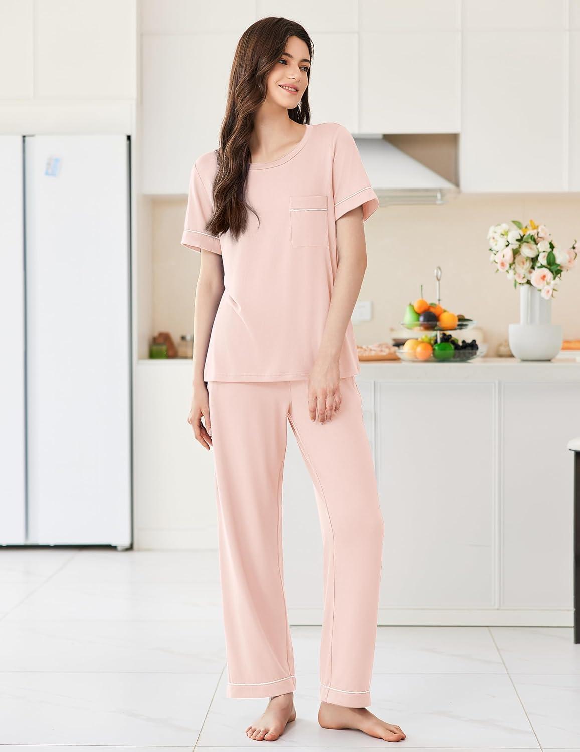 imageEkouaer Womens Pajama Sets Short Sleeve Top and Pants 2 Piece Pjs Soft Sleepwear Comfy Lounge Set SXXLLight Pink