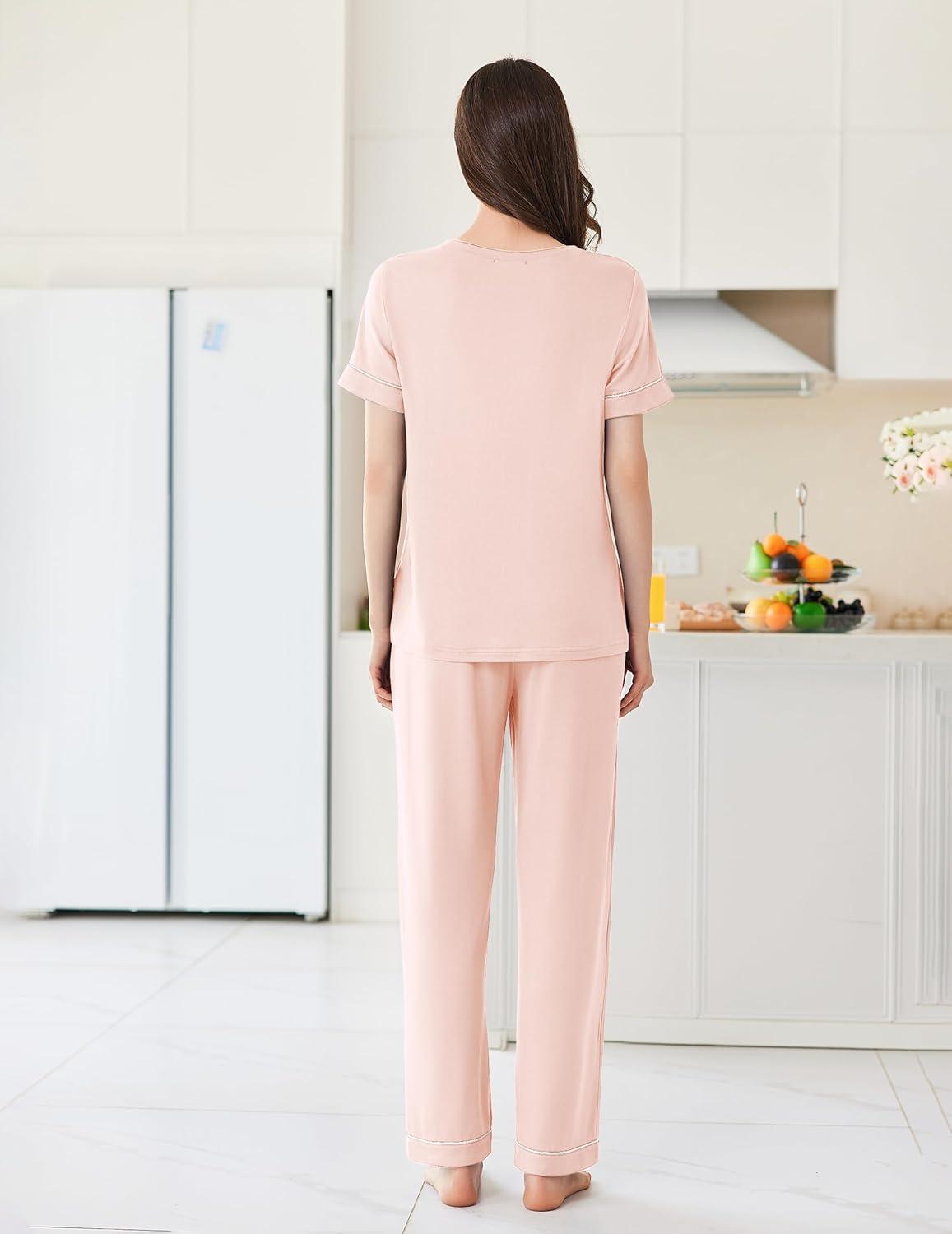 imageEkouaer Womens Pajama Sets Short Sleeve Top and Pants 2 Piece Pjs Soft Sleepwear Comfy Lounge Set SXXLLight Pink