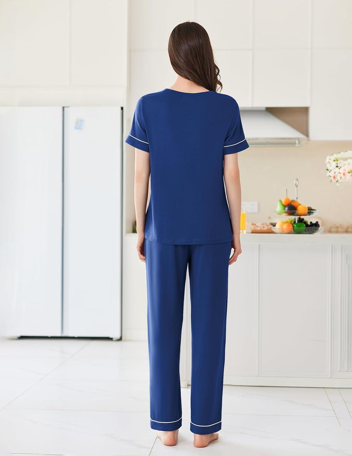 imageEkouaer Womens Pajama Sets Short Sleeve Top and Pants 2 Piece Pjs Soft Sleepwear Comfy Lounge Set SXXLNavy Blue