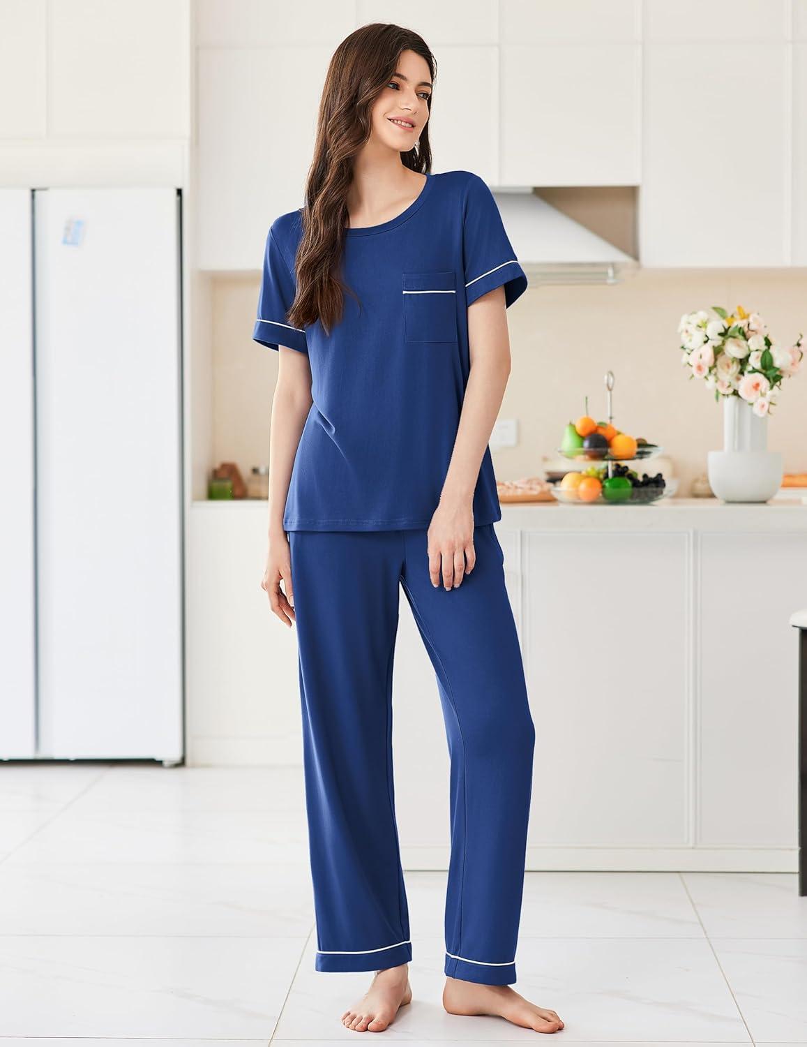 imageEkouaer Womens Pajama Sets Short Sleeve Top and Pants 2 Piece Pjs Soft Sleepwear Comfy Lounge Set SXXLNavy Blue